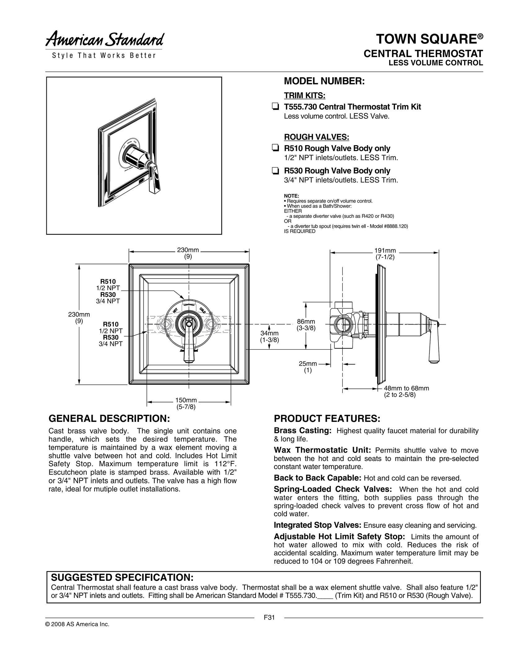 American Standard T555.730 Thermostat User Manual