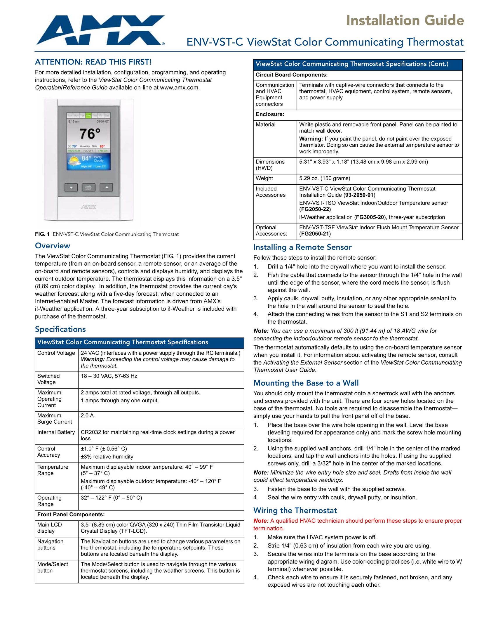 AMX ENV-VST-C Thermostat User Manual