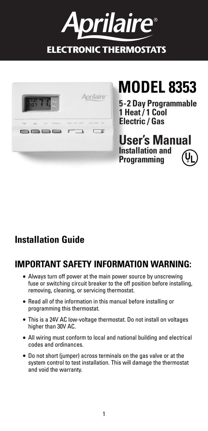 Aprilaire 8353 Thermostat User Manual