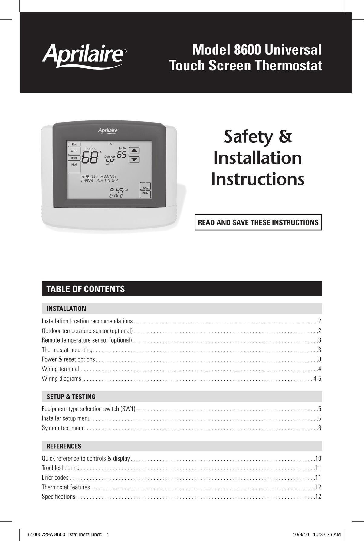 Aprilaire 8600 Thermostat User Manual
