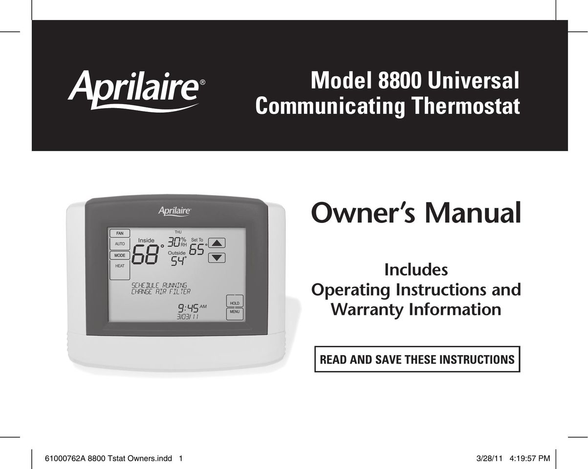 Aprilaire 8800 UNIVERSAL Thermostat User Manual