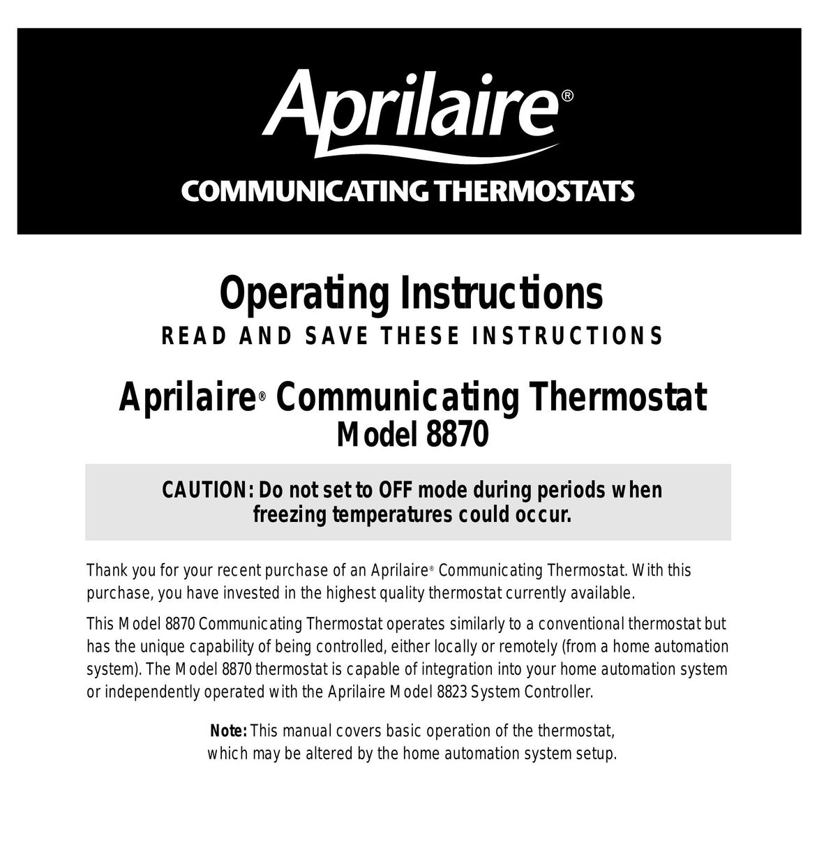 Aprilaire 8870 Thermostat User Manual