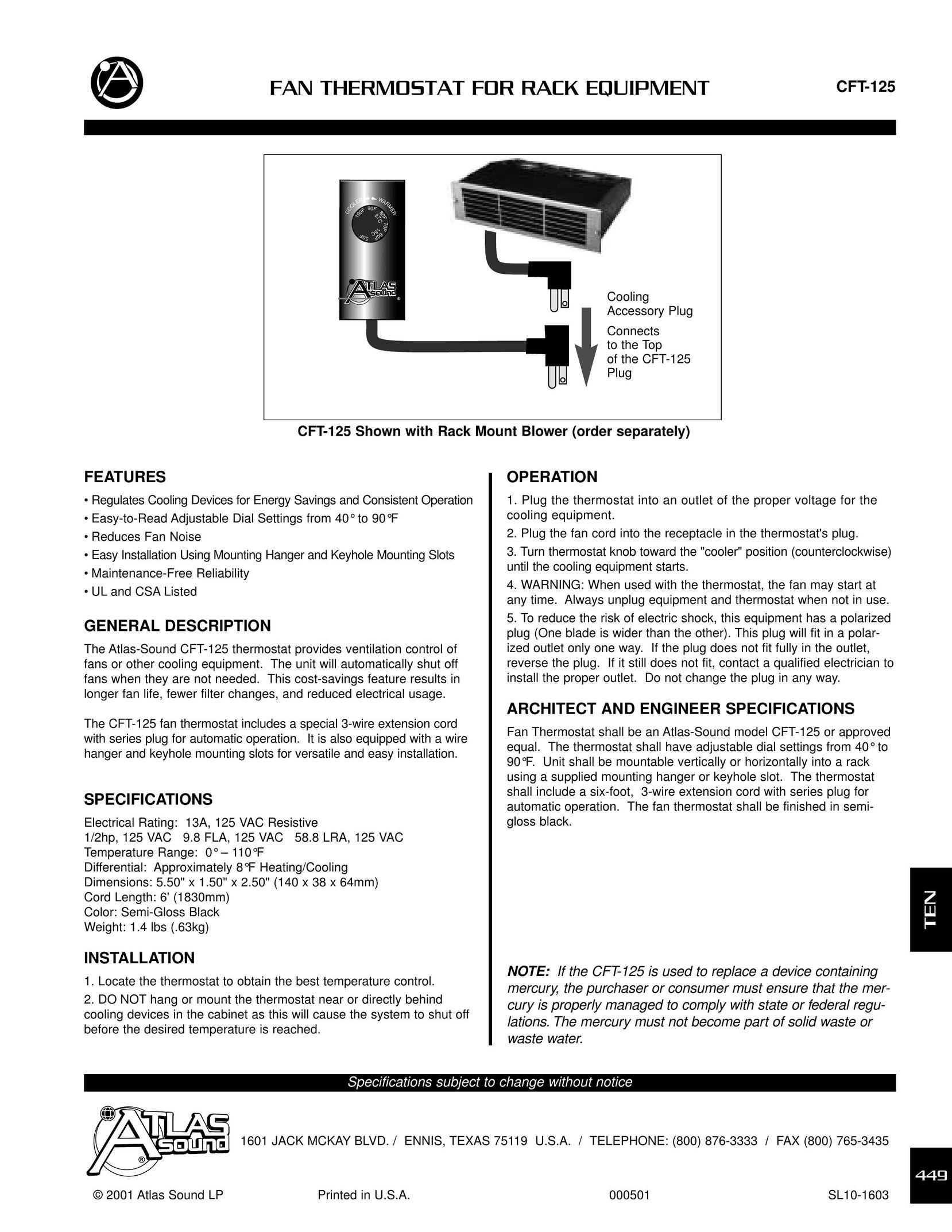 Atlas Sound CFT-125 Thermostat User Manual