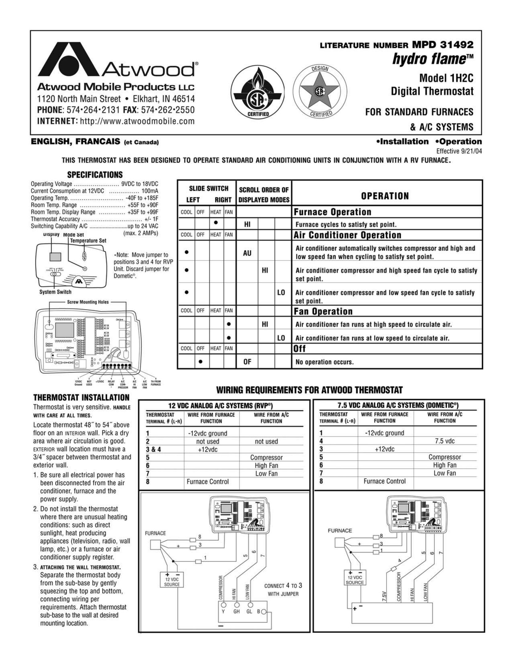 Atwood Mobile Products 1H2C Thermostat User Manual
