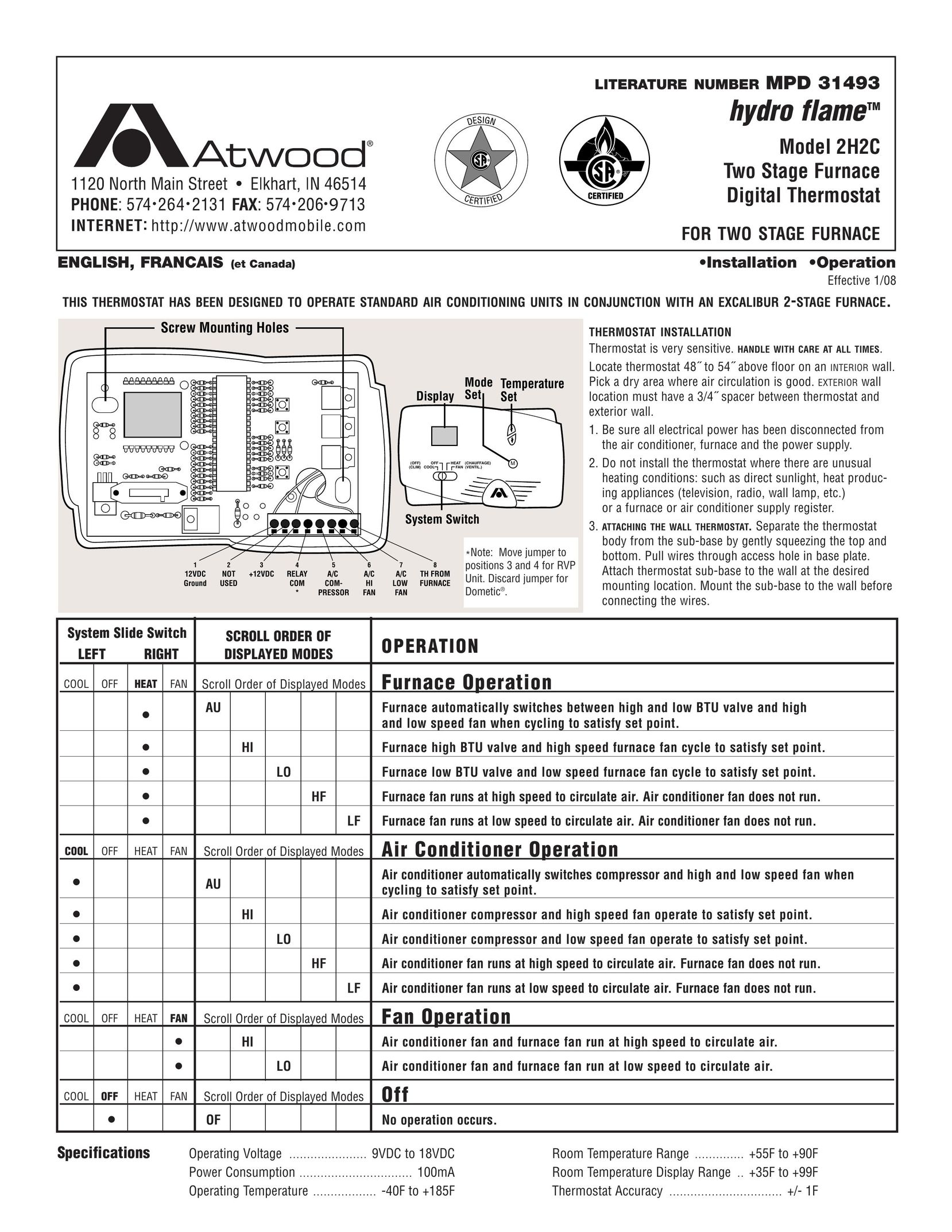 Atwood Mobile Products 2H2C Thermostat User Manual
