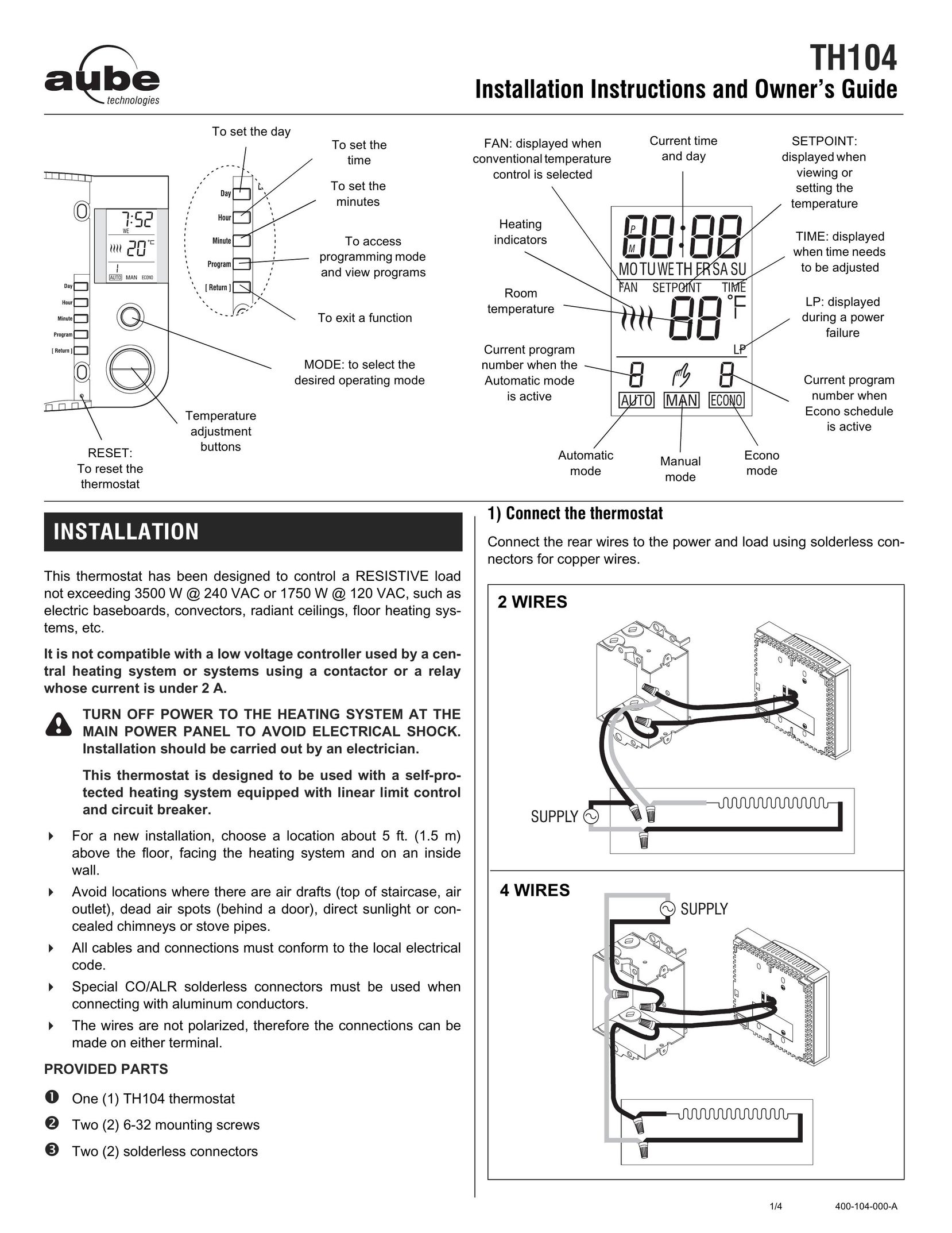 Aube Technologies TH104 Thermostat User Manual