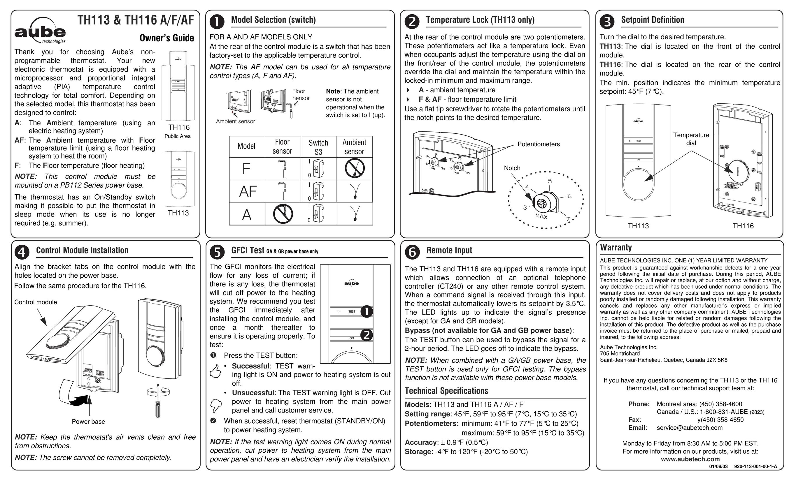 Aube Technologies TH116 A/F/AF Thermostat User Manual