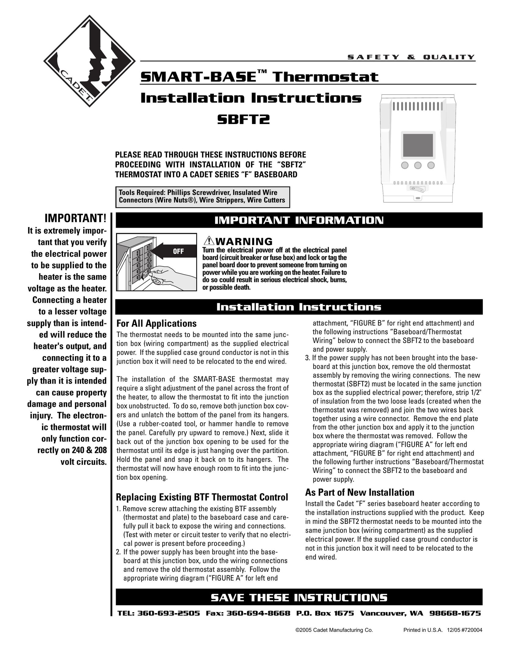 Cadet SBFT2 Thermostat User Manual