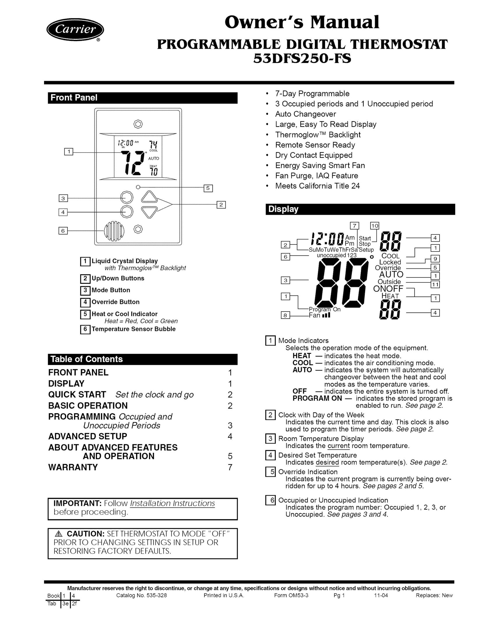 Carrier 53DFS250-FS Thermostat User Manual