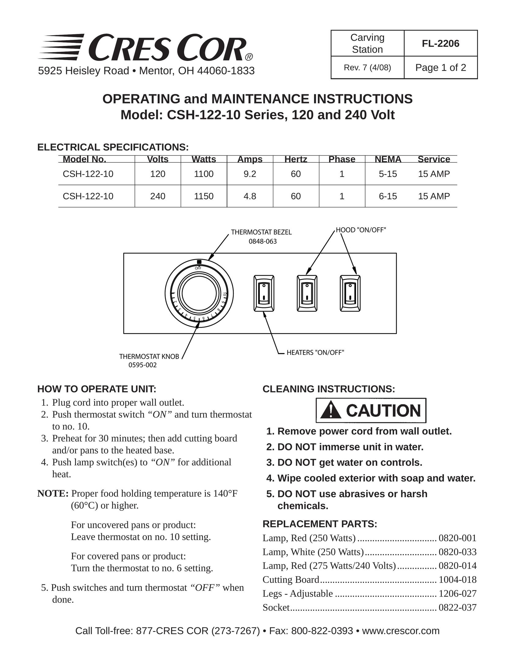 Cres Cor CSH-122-10 Series Thermostat User Manual