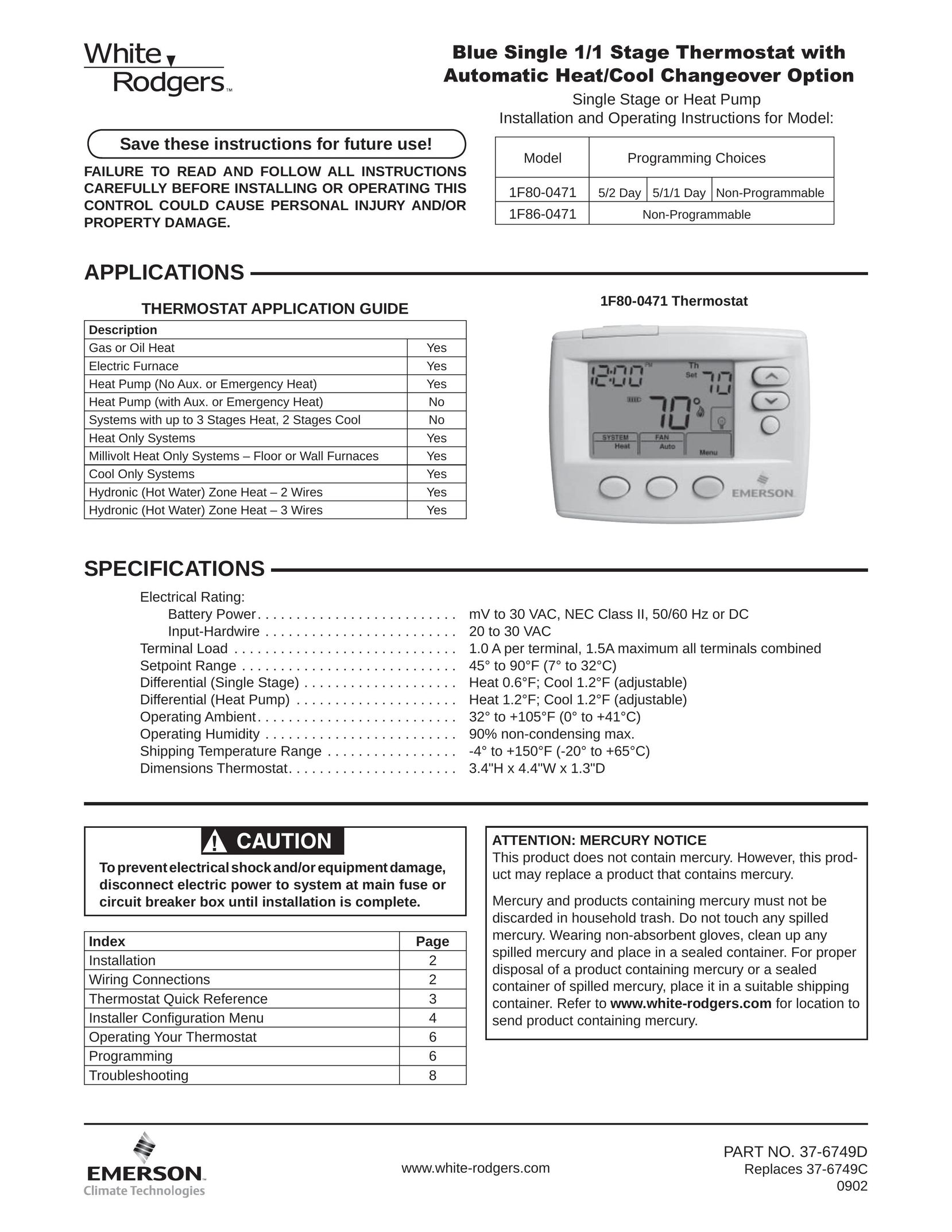 Emerson 1F80-0471 Thermostat User Manual
