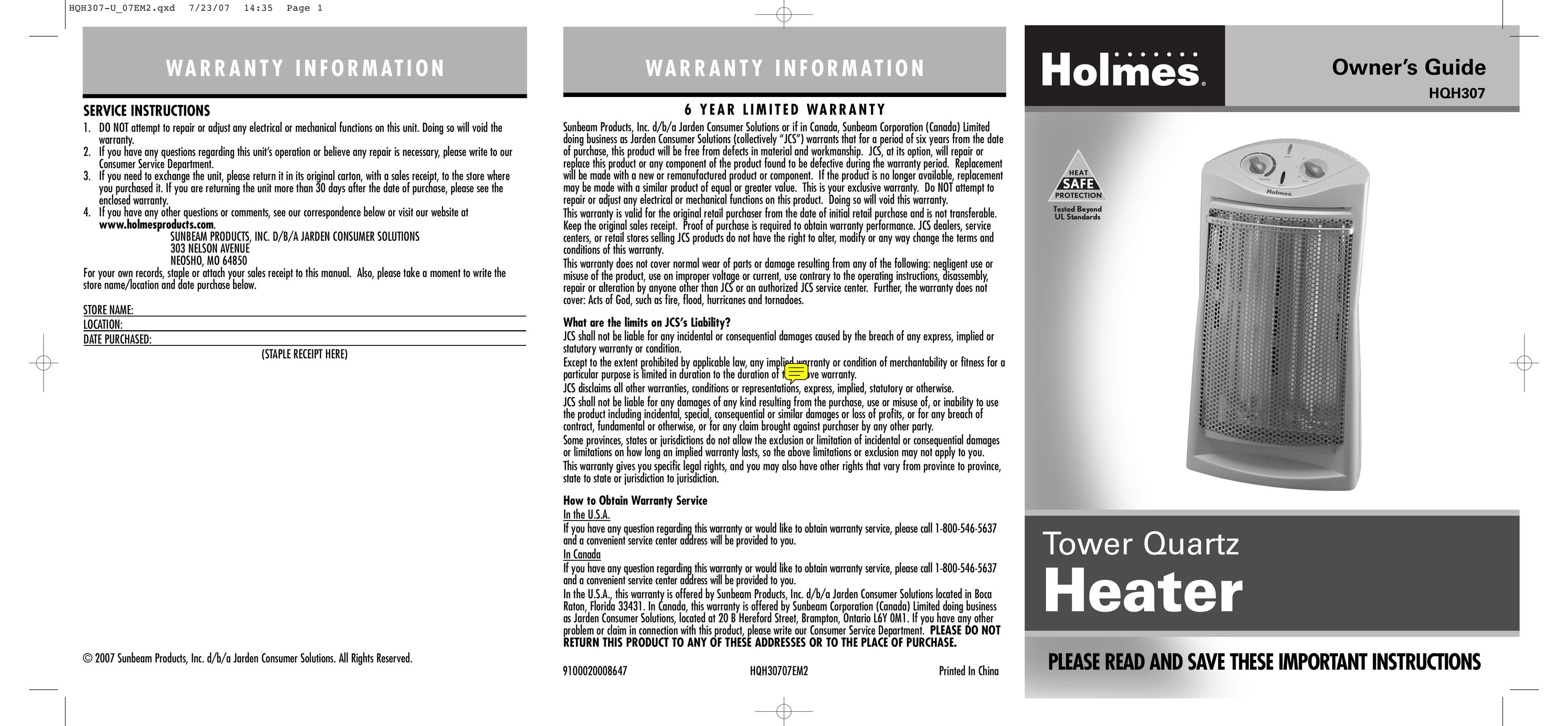 Holmes HQH307 Thermostat User Manual