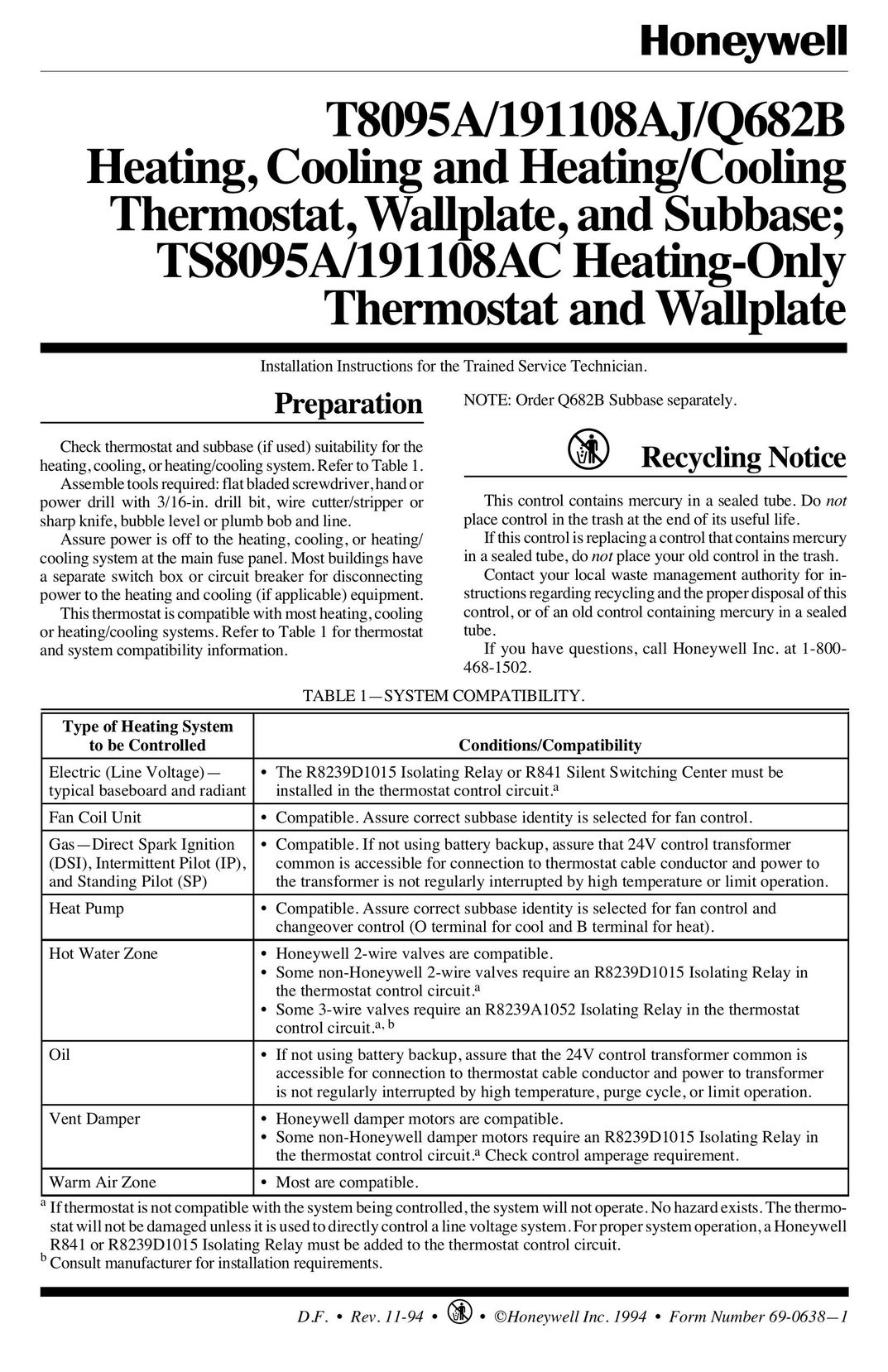 Honeywell 191108AC Thermostat User Manual