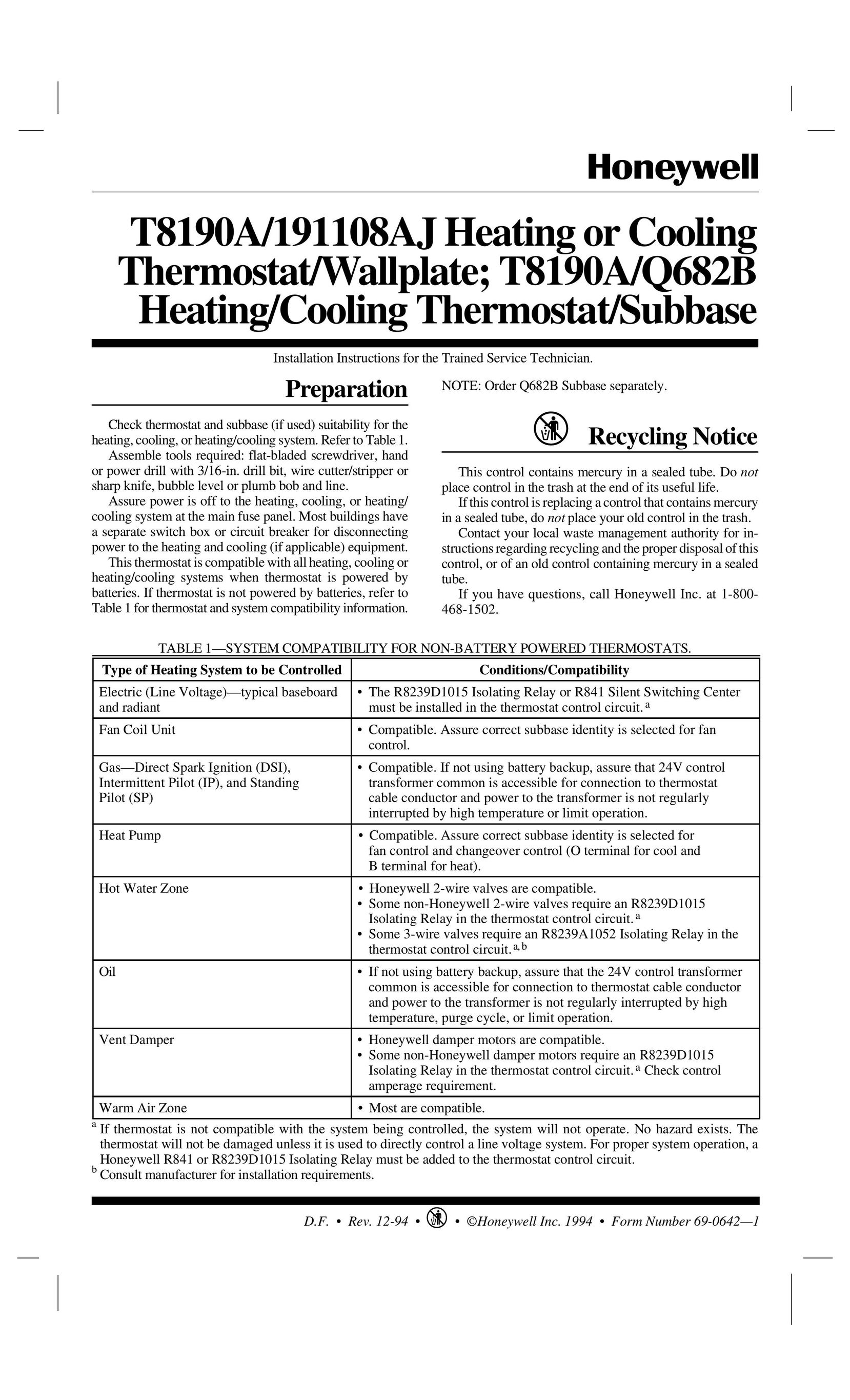 Honeywell 191108AJ Thermostat User Manual
