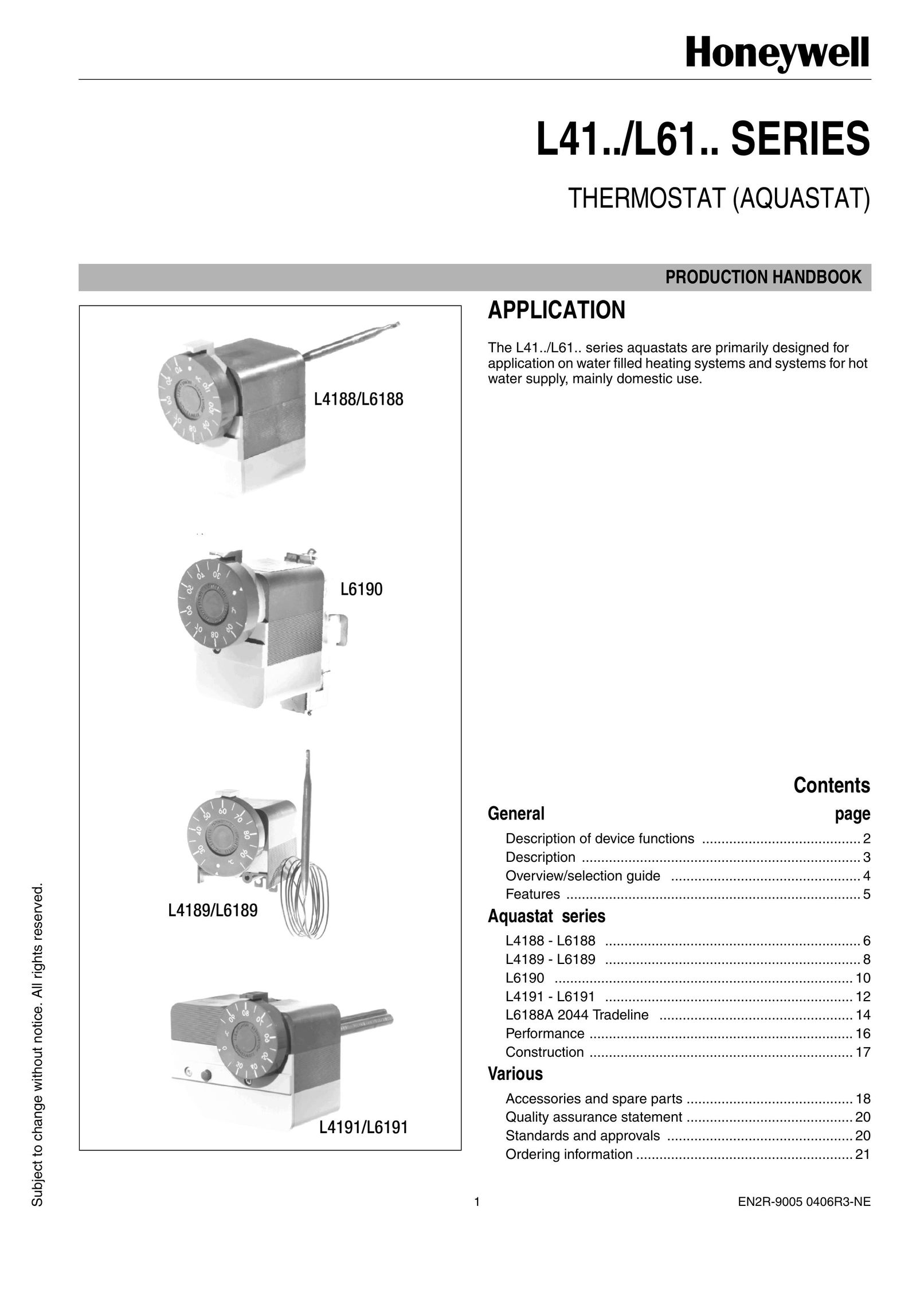 Honeywell 1EN2R-9005 0406R3-NE Thermostat User Manual