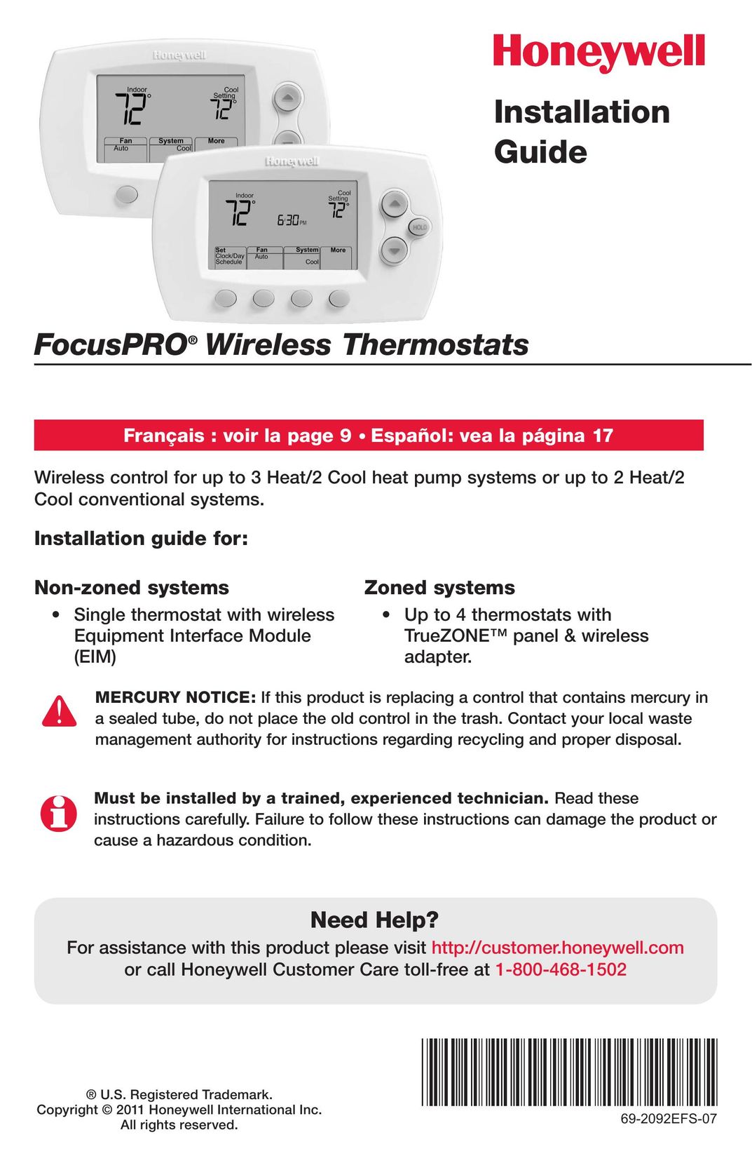 Honeywell 69-2092EFS-07 Thermostat User Manual