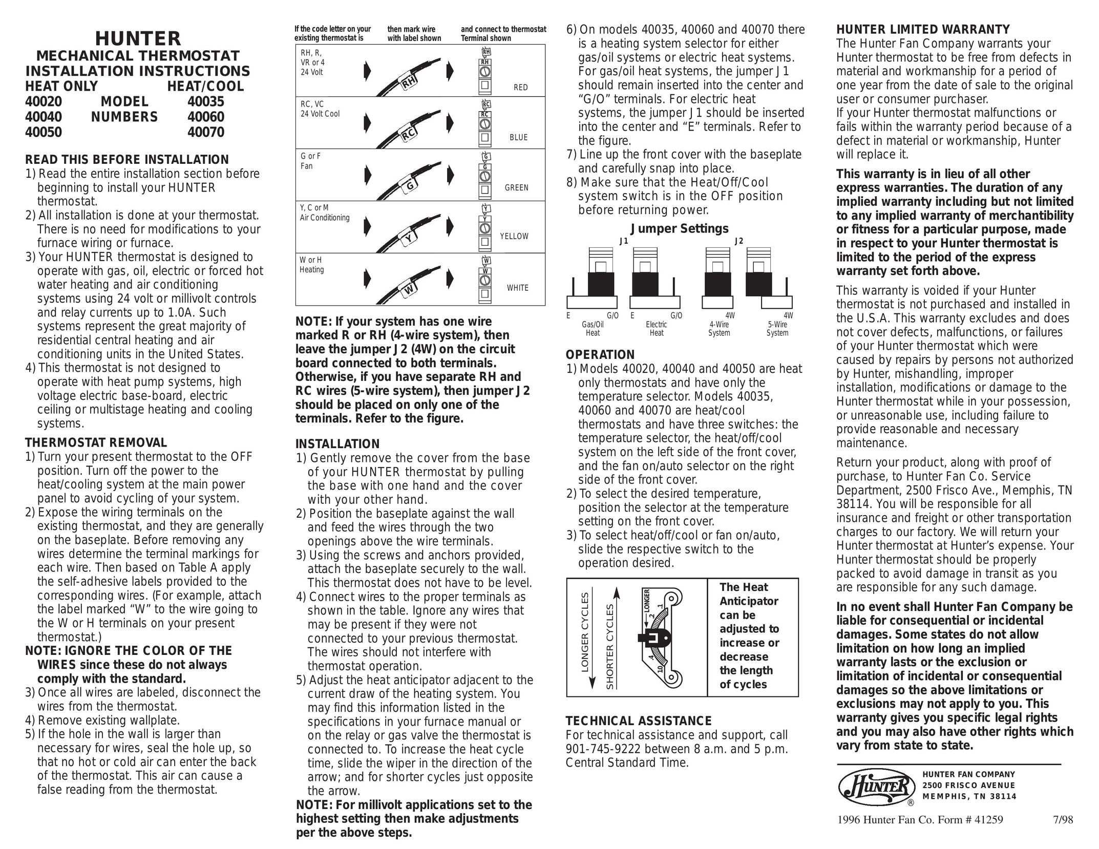 Hunter Fan 40020 Thermostat User Manual