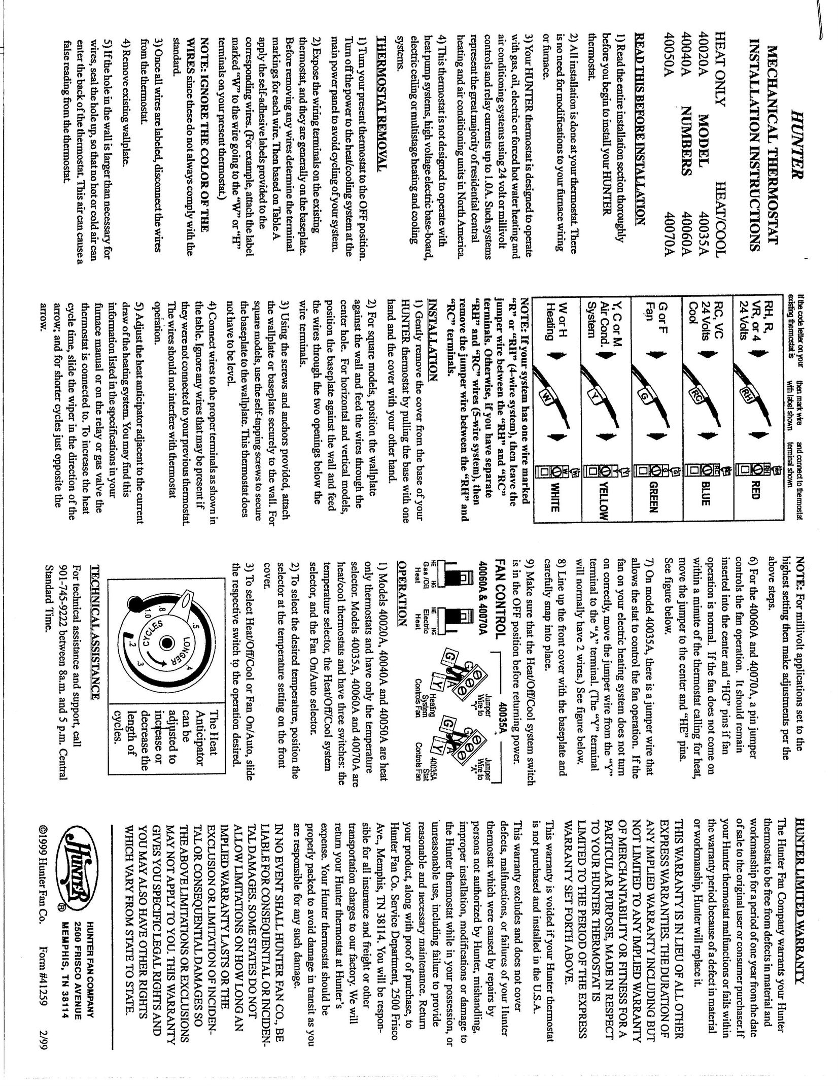 Hunter Fan 40060A Thermostat User Manual
