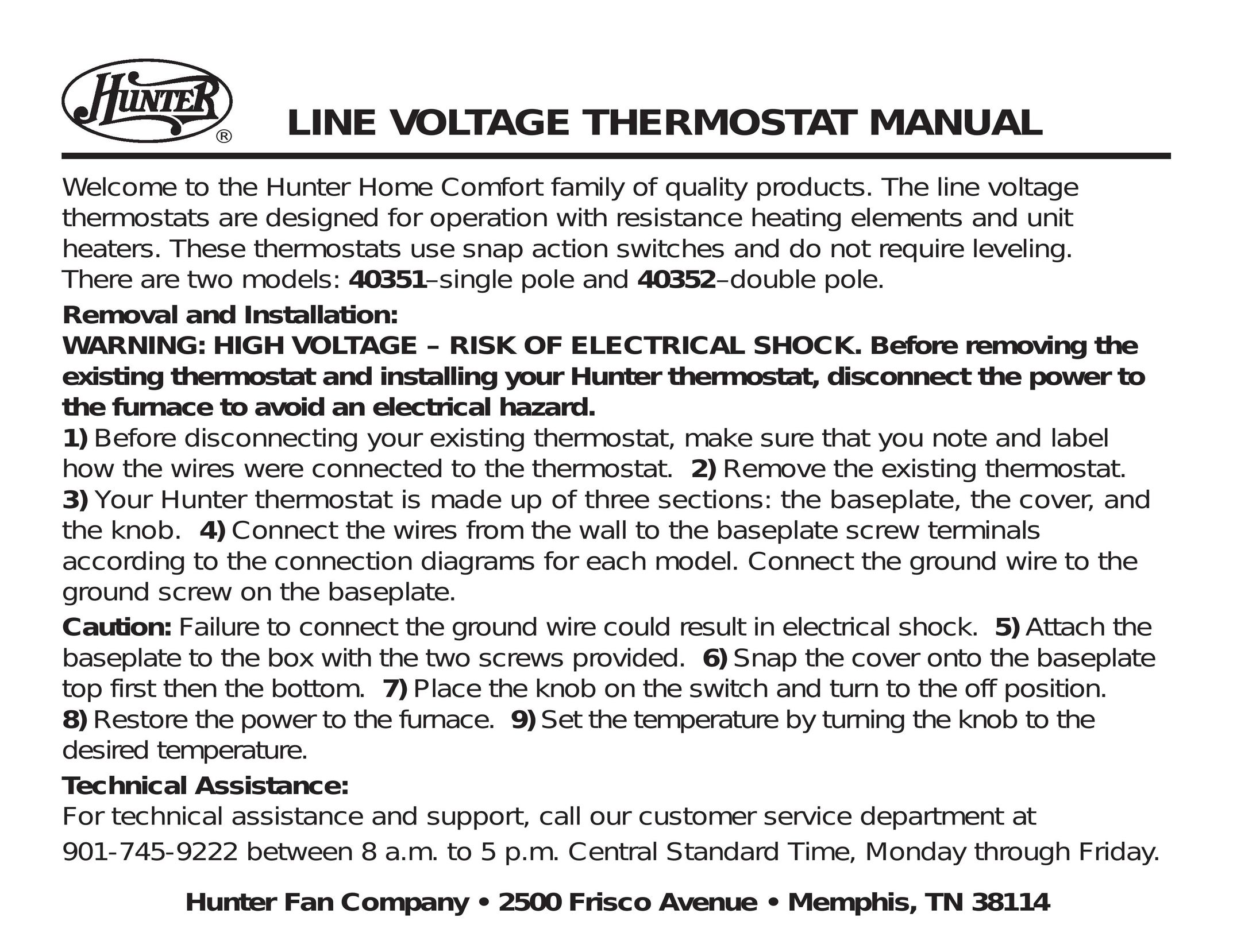 Hunter Fan 40352 Thermostat User Manual