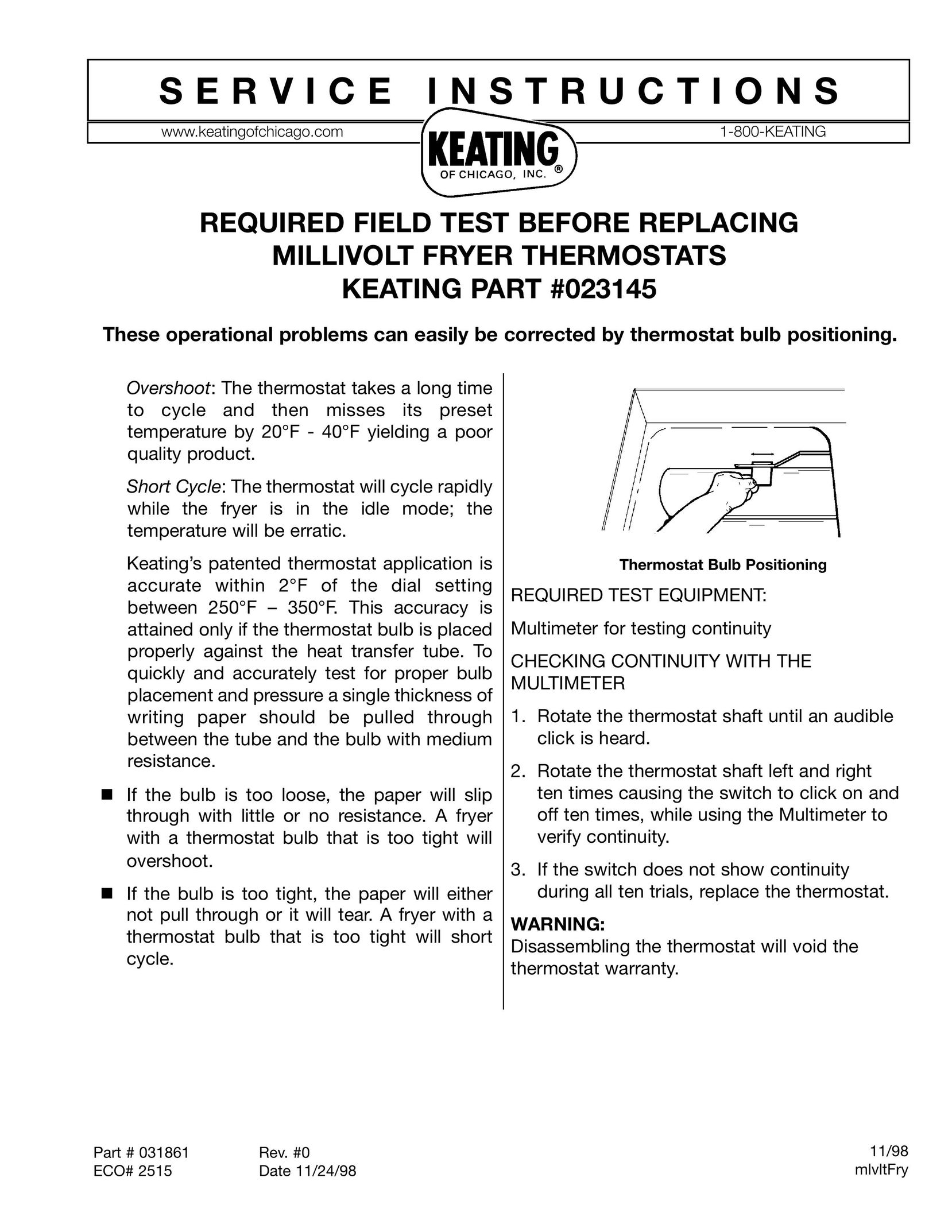 Keating Of Chicago Millivolt Fryer Thermostats Thermostat User Manual