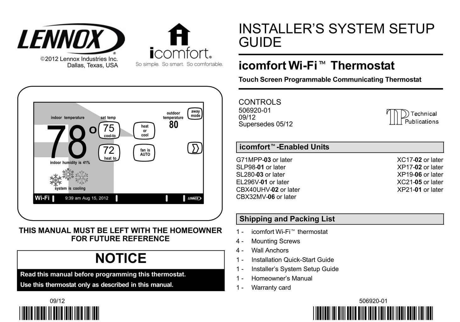 Lennox International Inc. G71MPP03 Thermostat User Manual