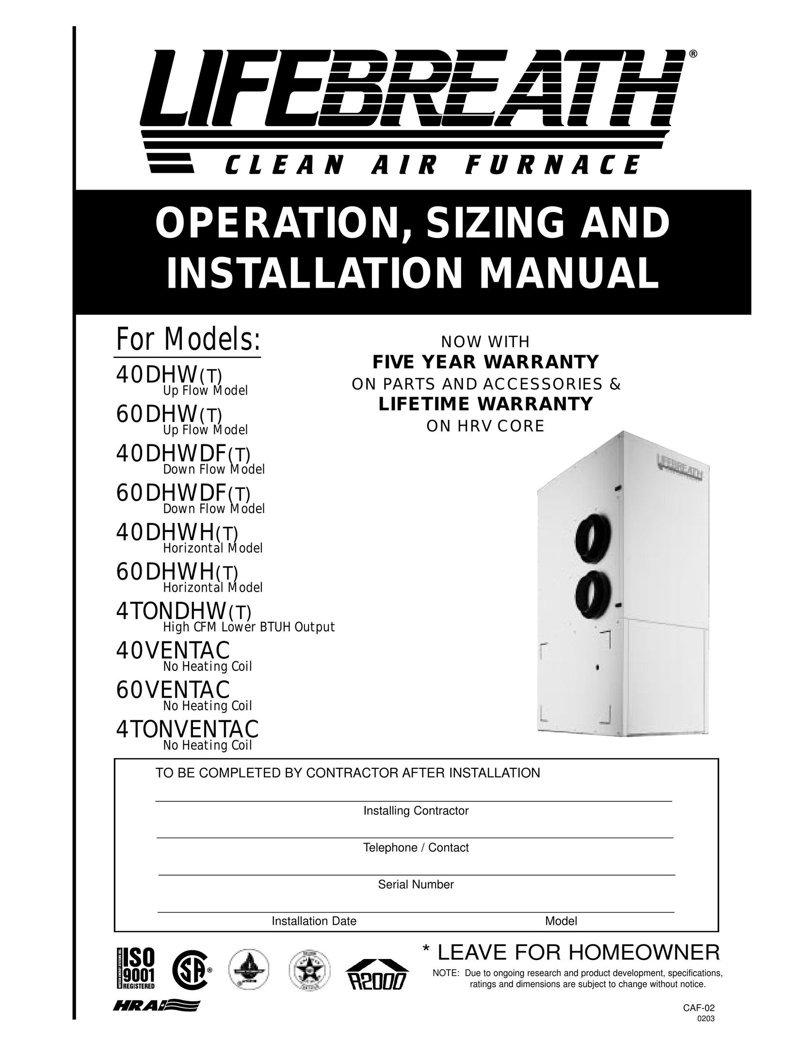 Lifebreath 4TONVENTAC Thermostat User Manual