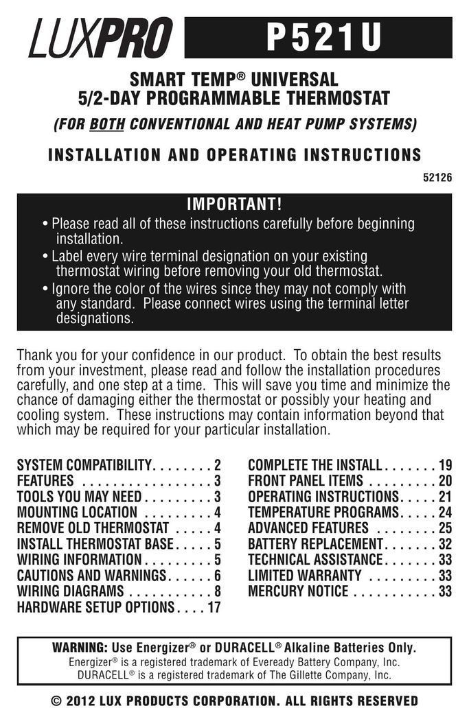 Lux Products 52126 Thermostat User Manual