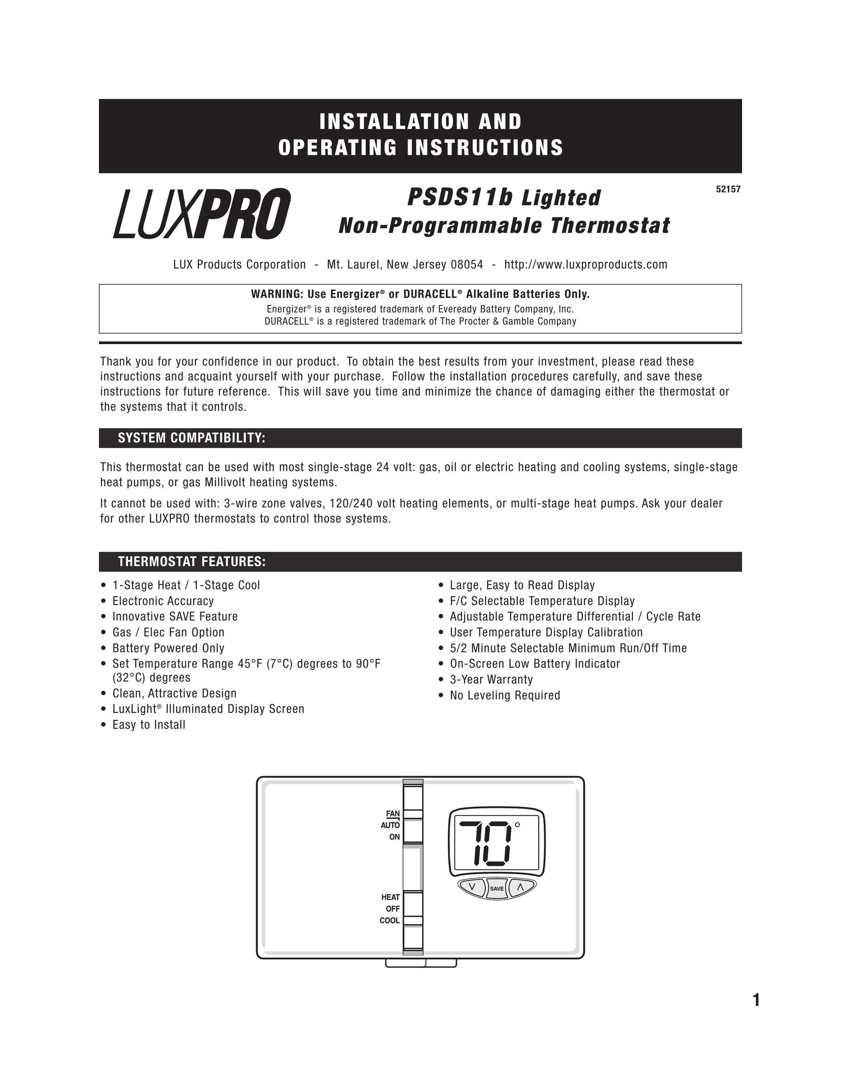 Lux Products 52157 Thermostat User Manual