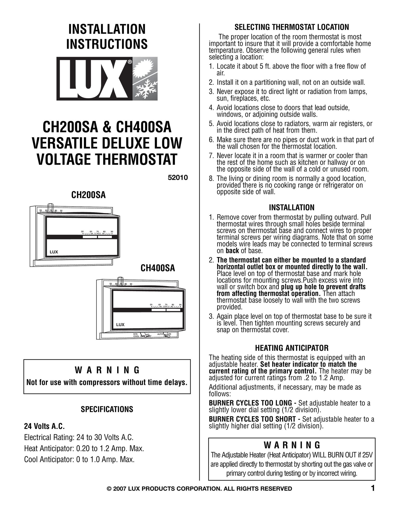 Lux Products CH200SA Thermostat User Manual