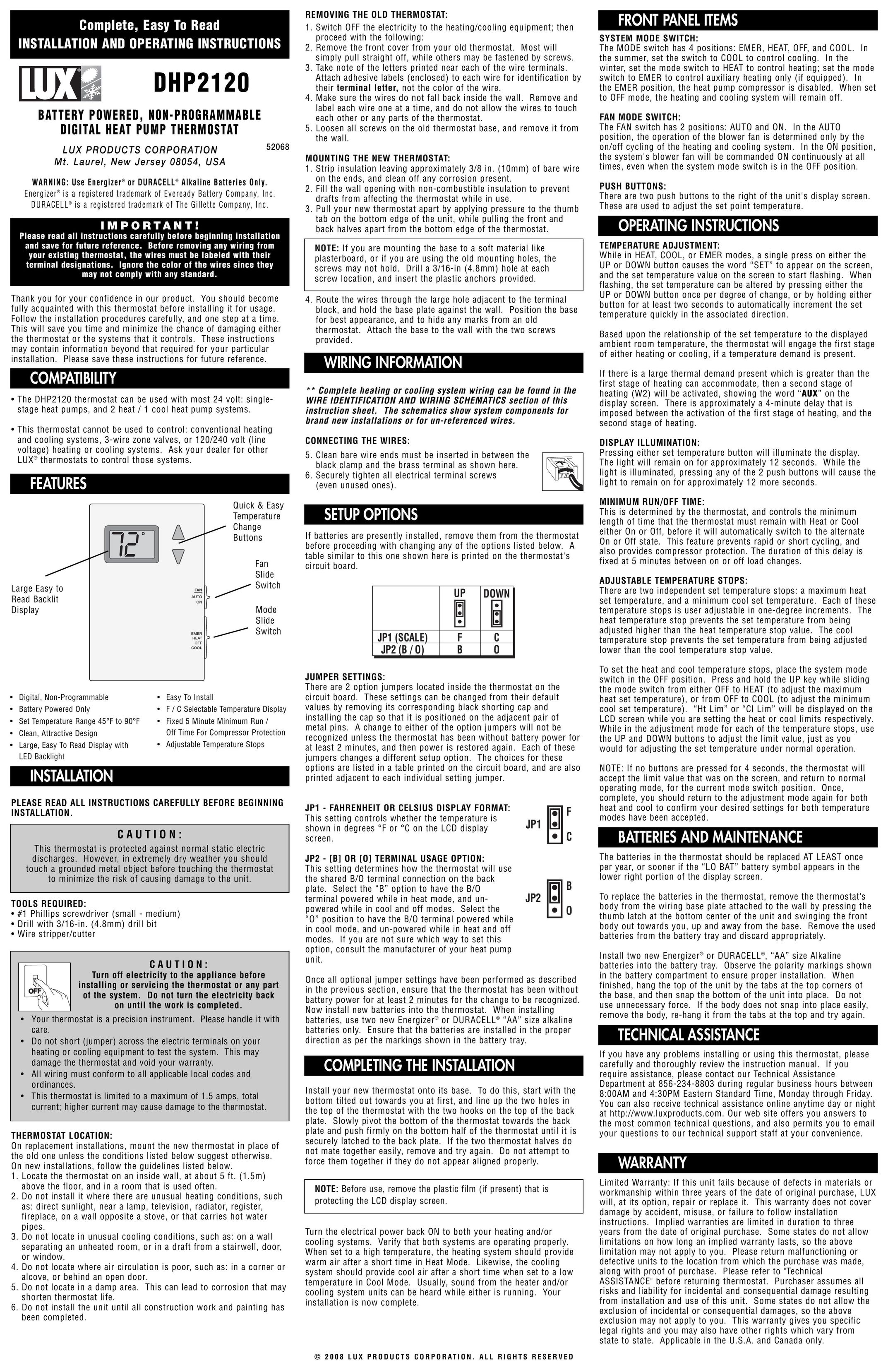 Lux Products DHP2120 Thermostat User Manual