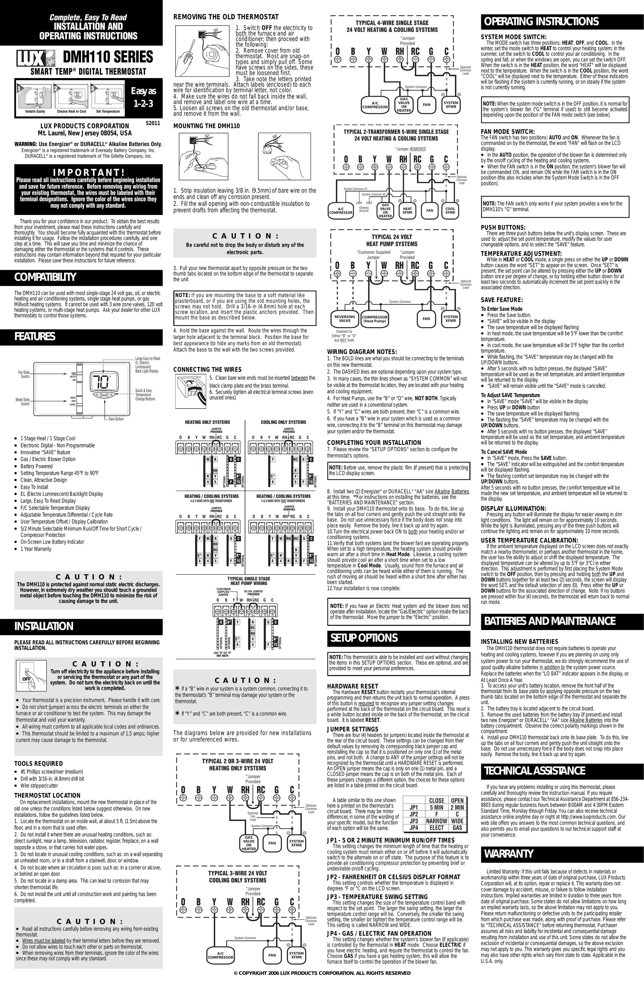 Lux Products DMH110 Thermostat User Manual