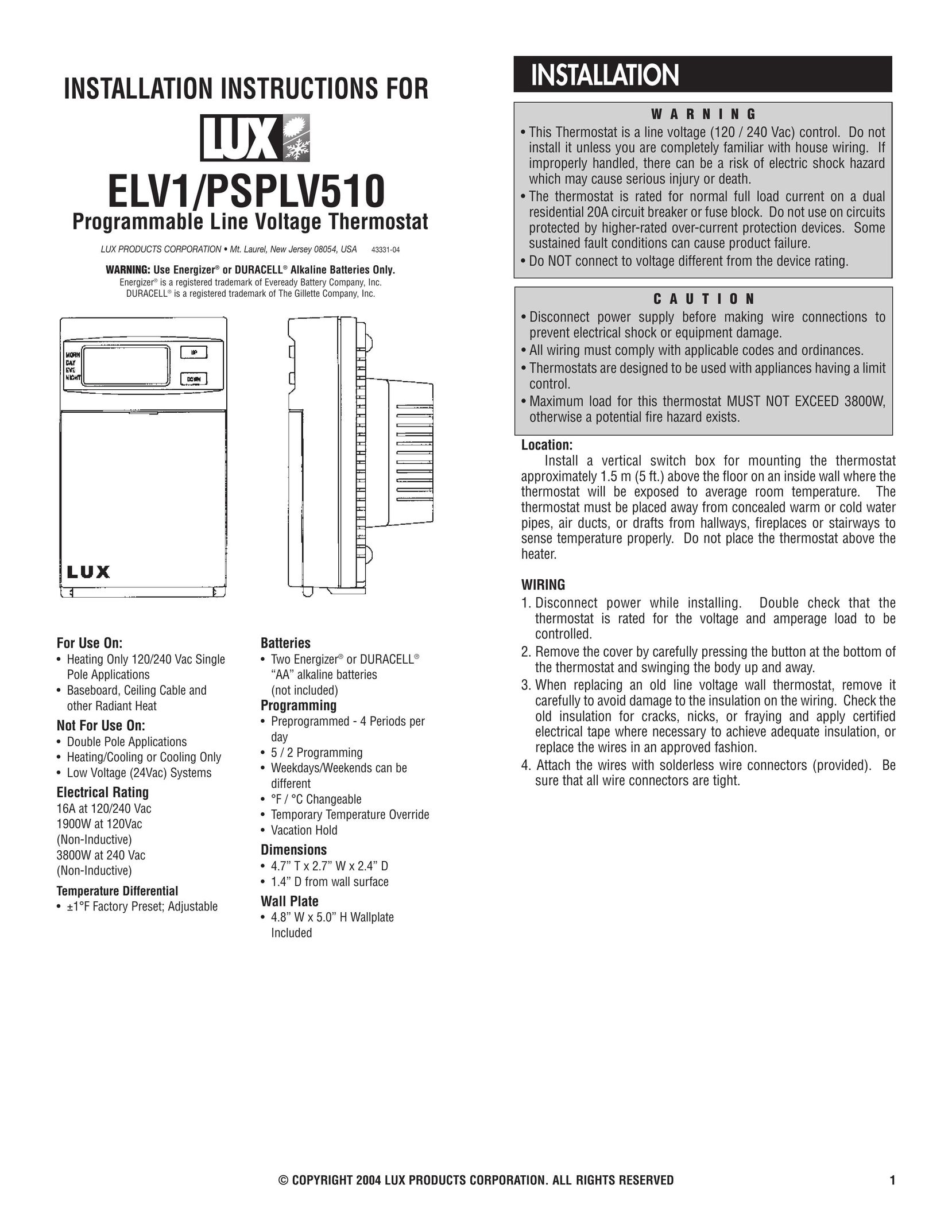 Lux Products ELV1/PSPLV510 Thermostat User Manual