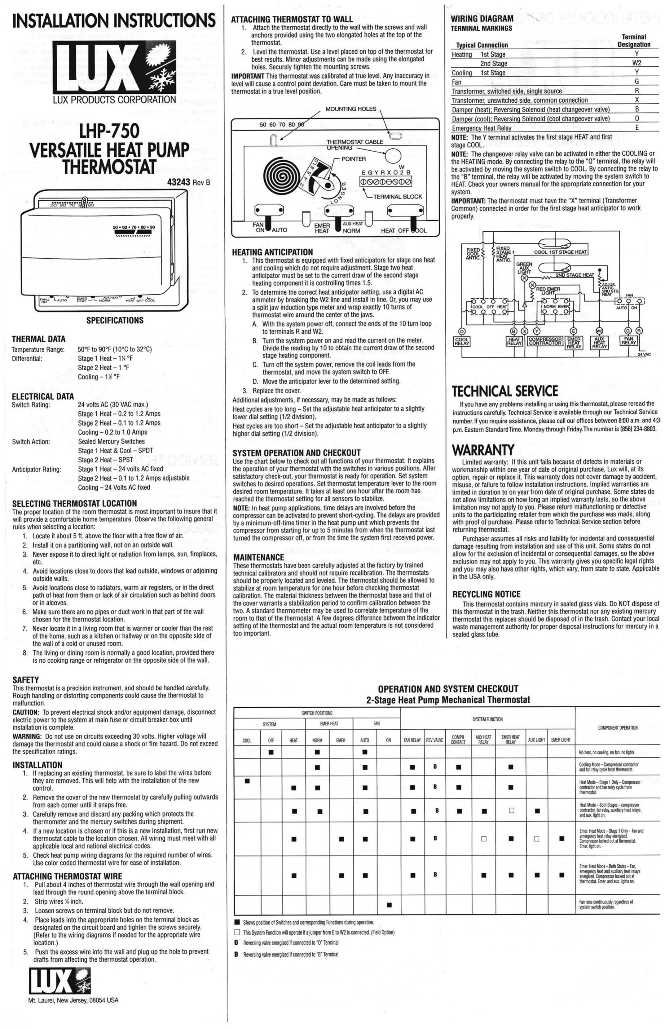 Lux Products LHP-750 Thermostat User Manual