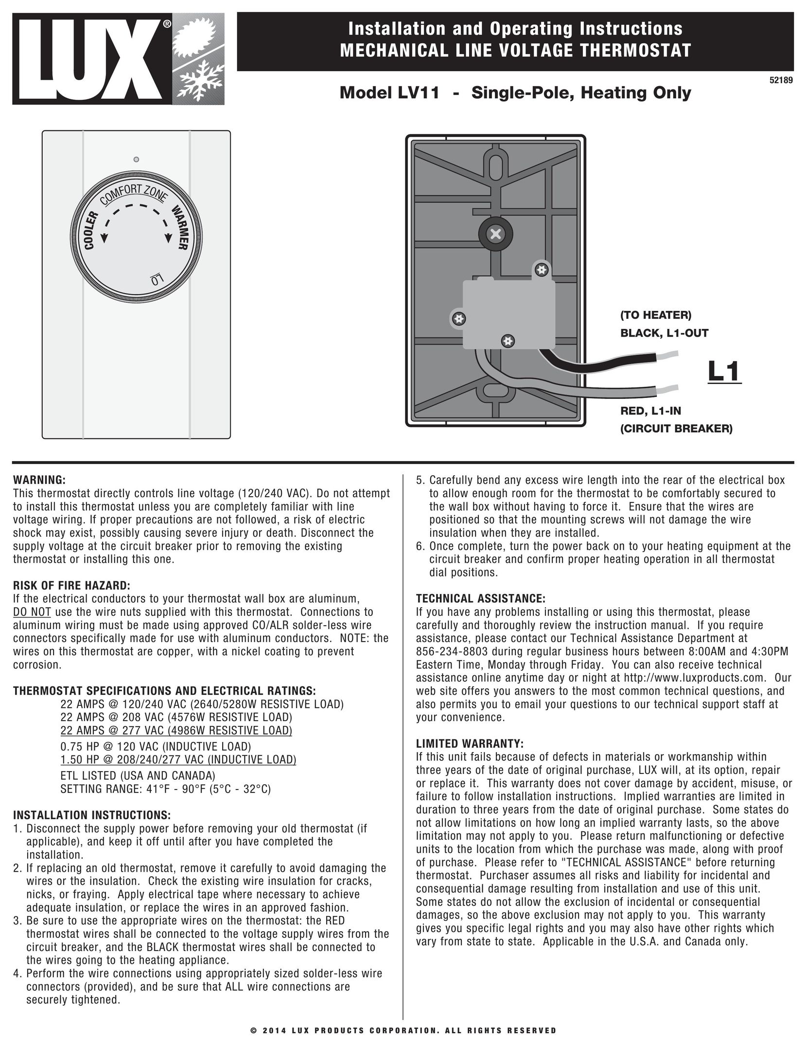 Lux Products LV11 Thermostat User Manual