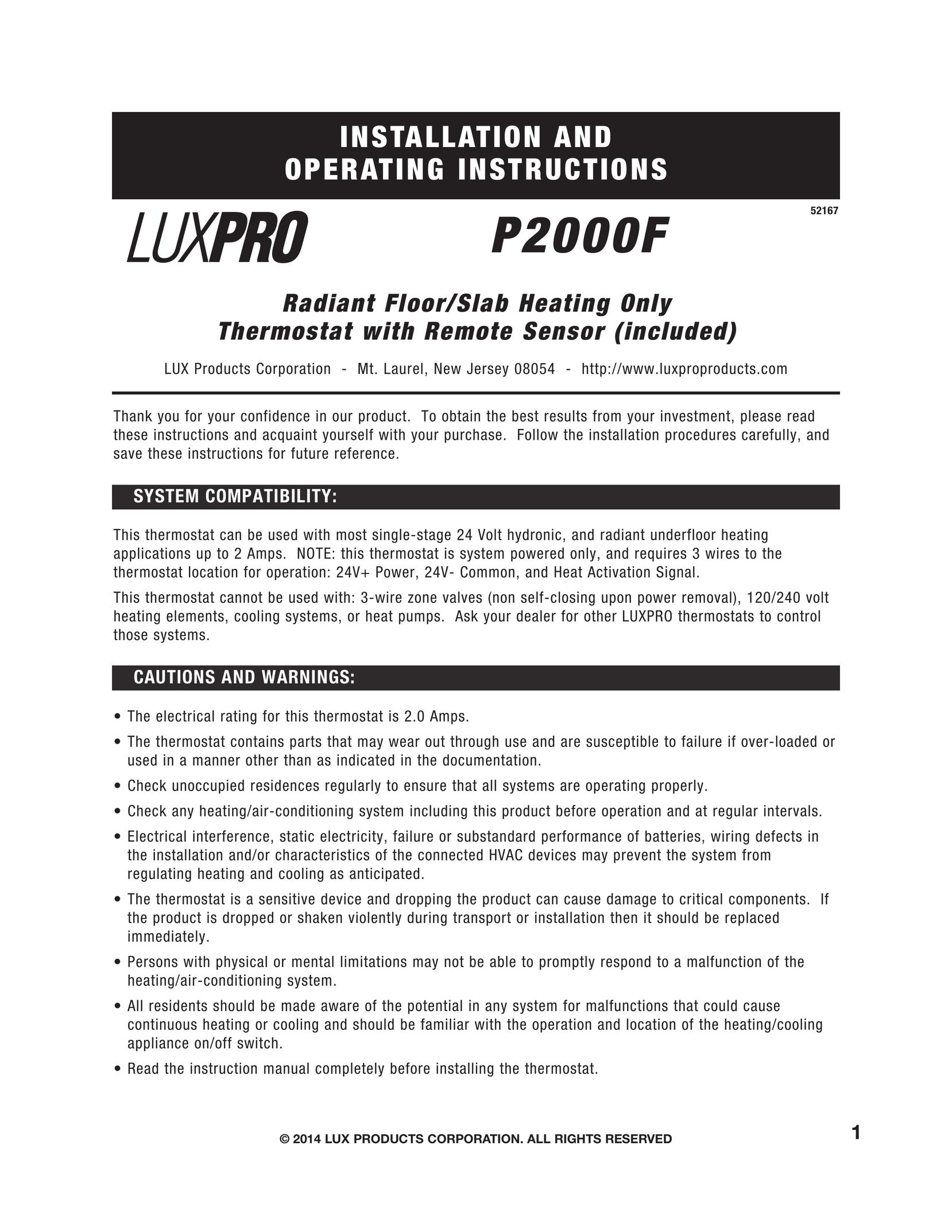 Lux Products P2000F Thermostat User Manual
