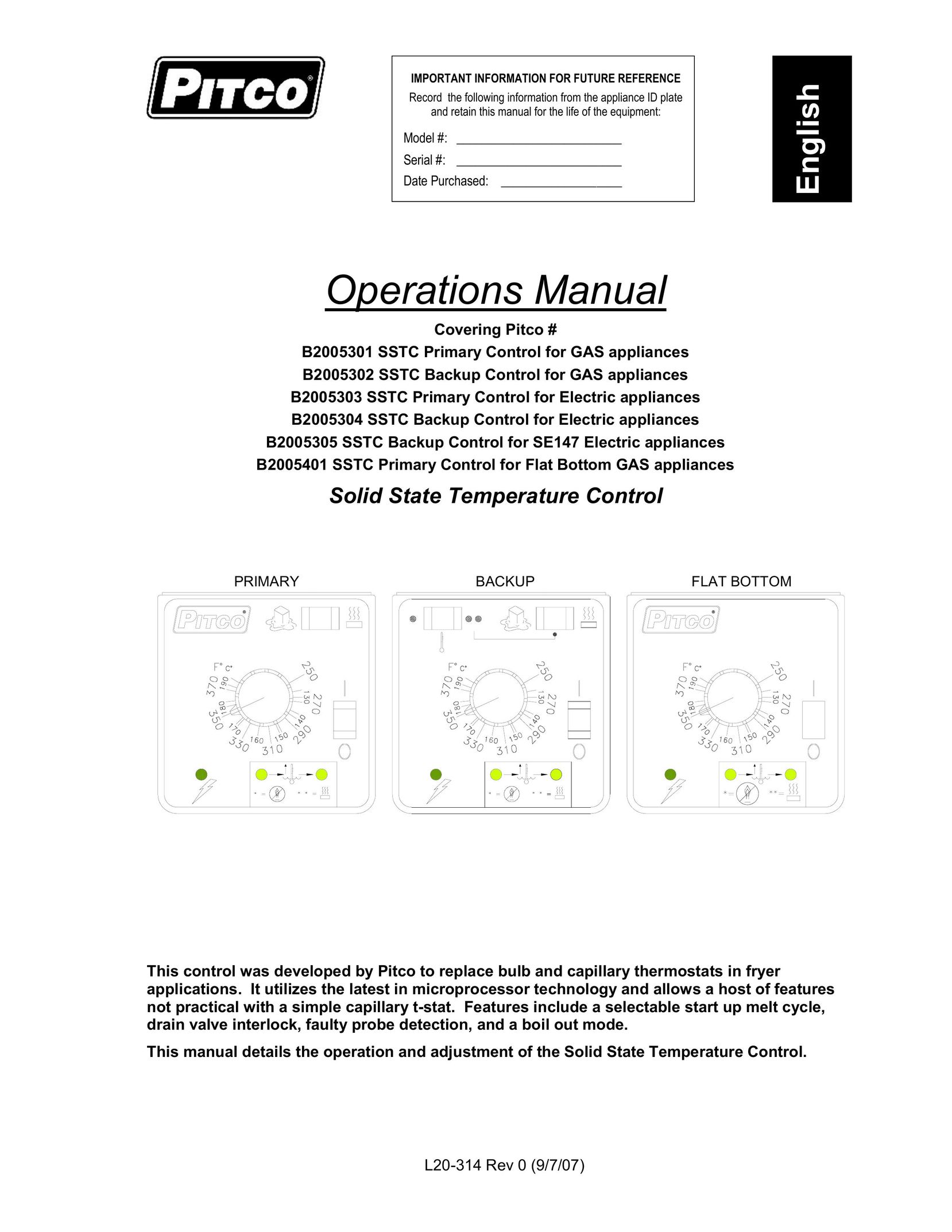 Pitco Frialator B2005301 SSTC Thermostat User Manual