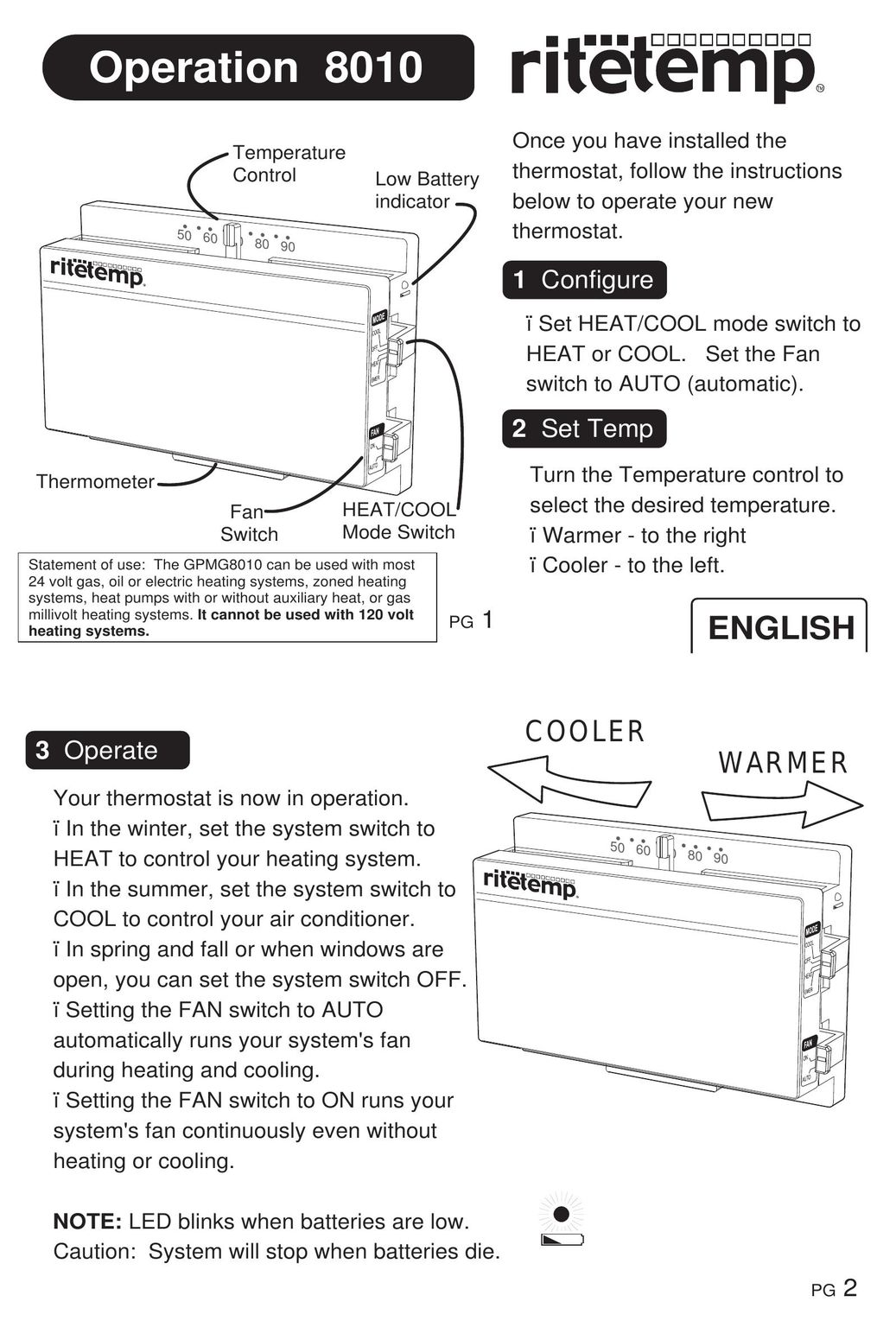 ritetemp GPMG8010 Thermostat User Manual