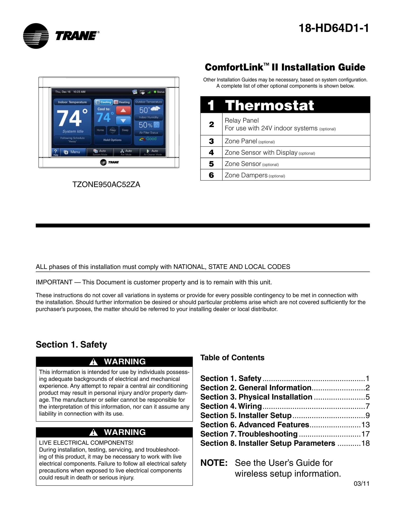 Trane 18-HD64D1-1 Thermostat User Manual