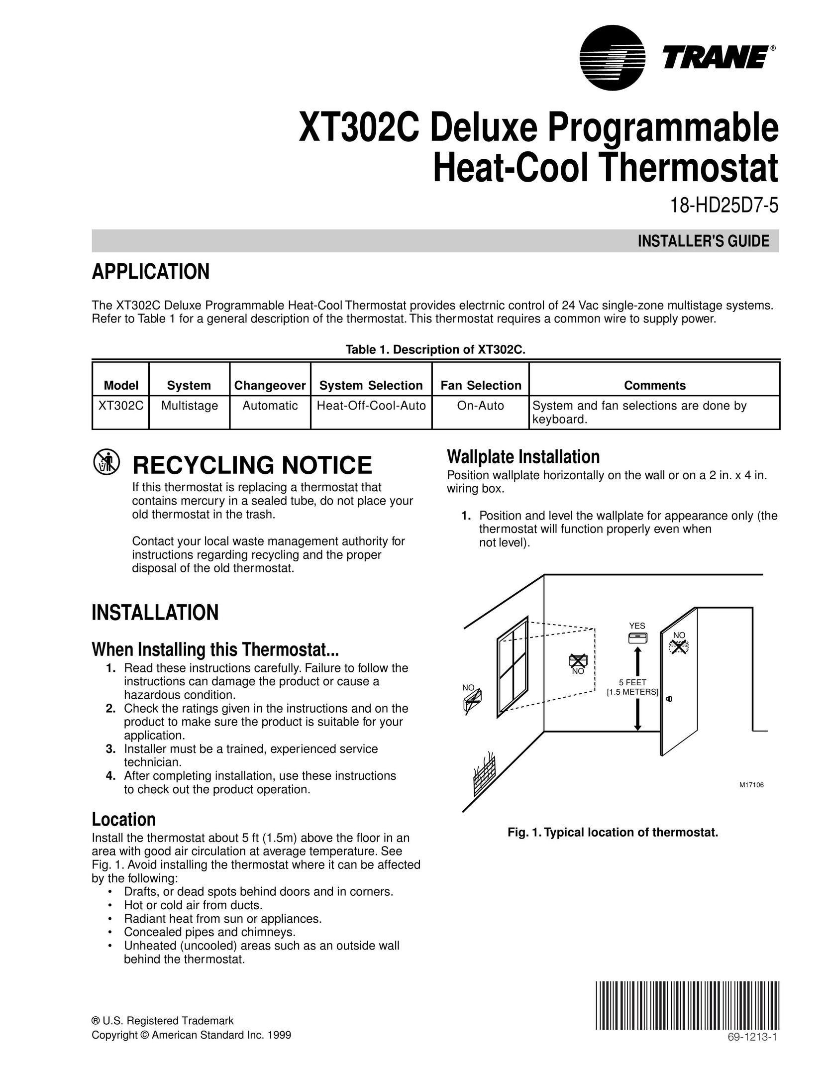Trane XT302C Thermostat User Manual