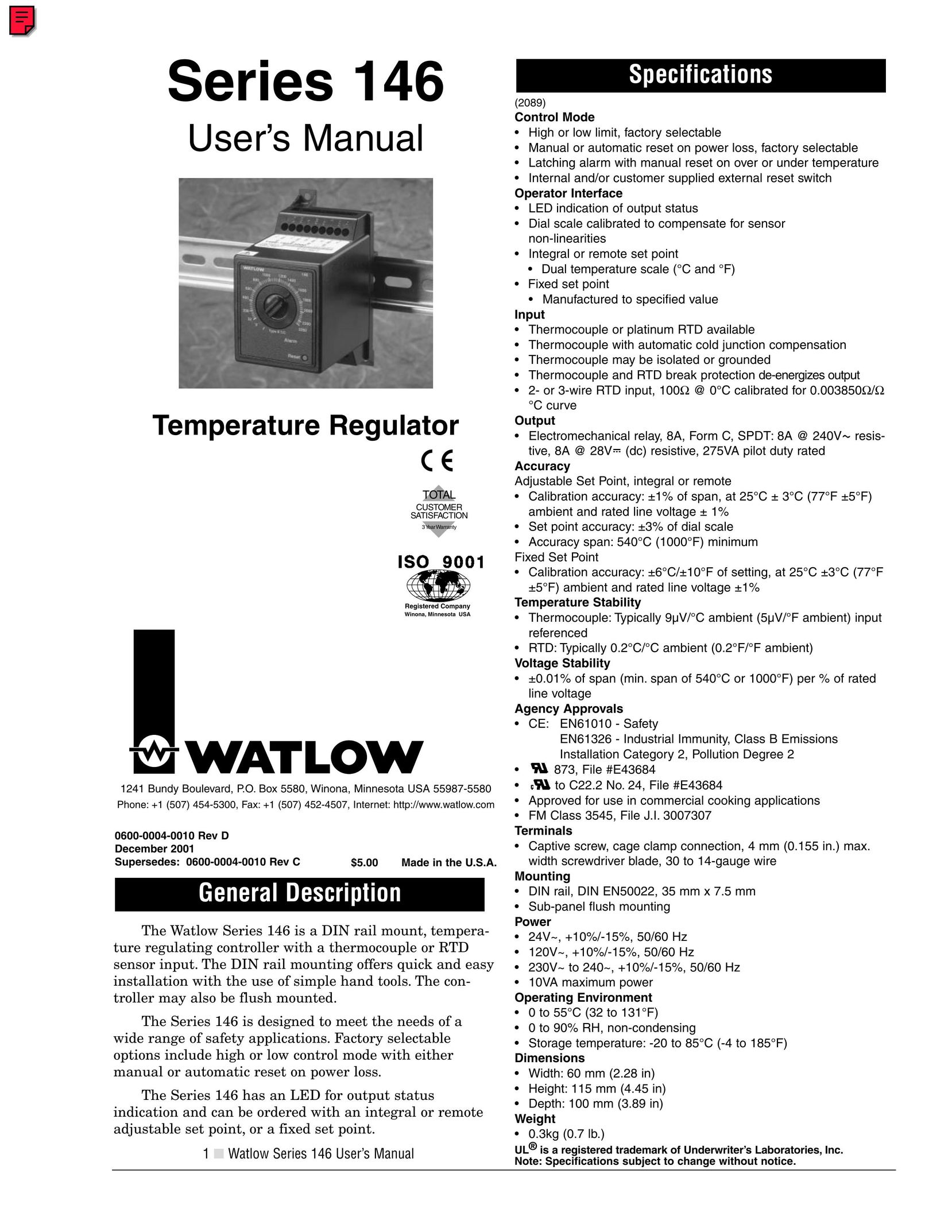 Watlow Electric SERIES146 Thermostat User Manual
