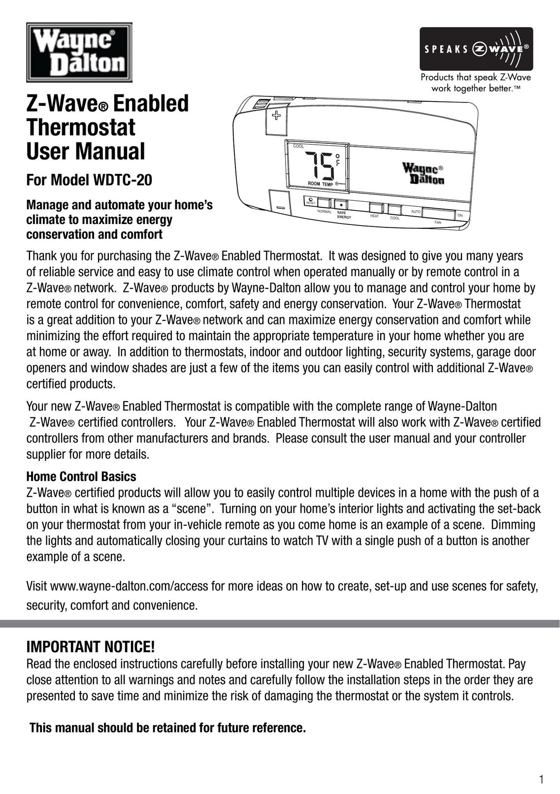 Wayne-Dalton WDTC-20 Thermostat User Manual