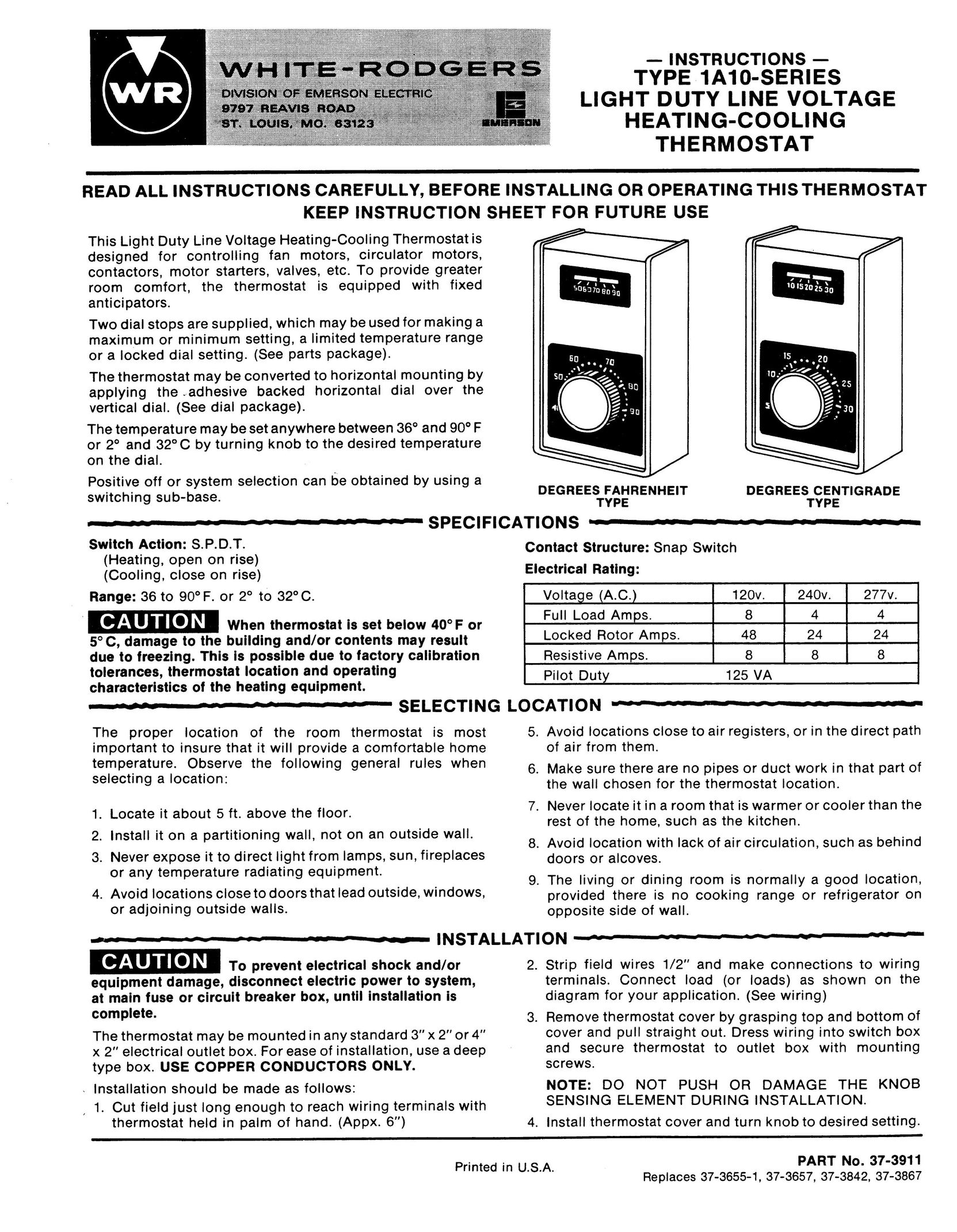 White Rodgers 1A10 Thermostat User Manual