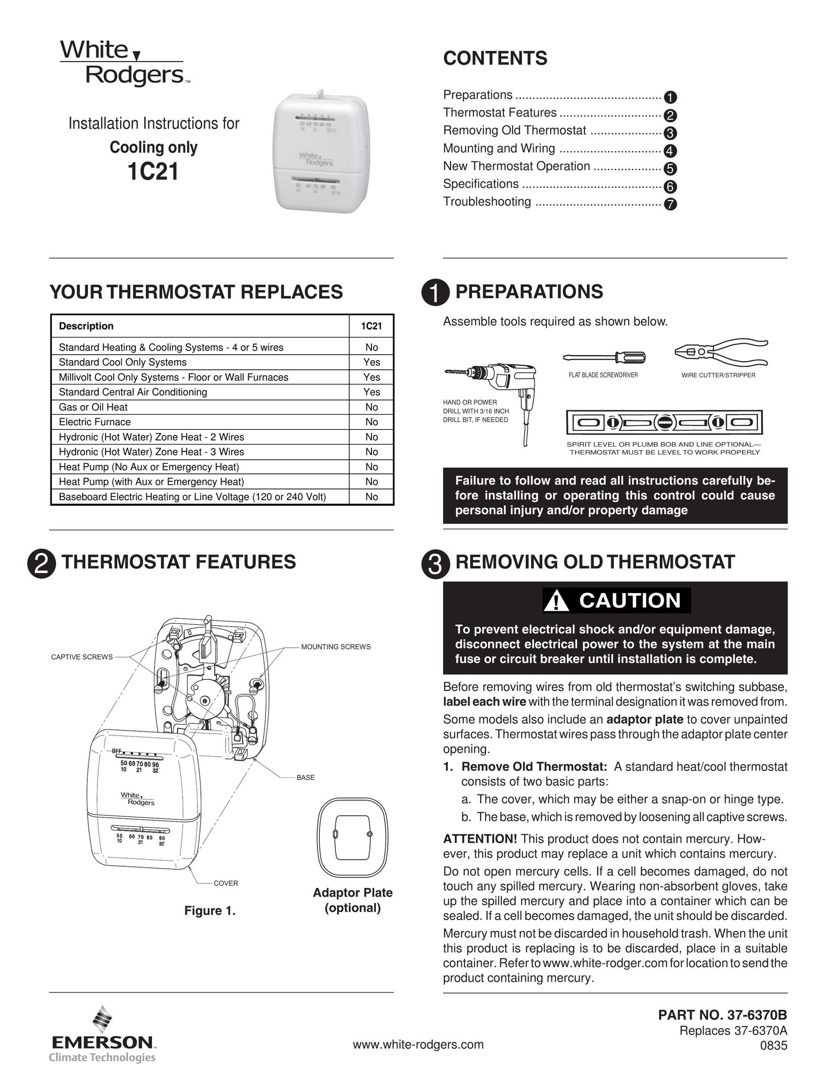 White Rodgers 1C21 Thermostat User Manual