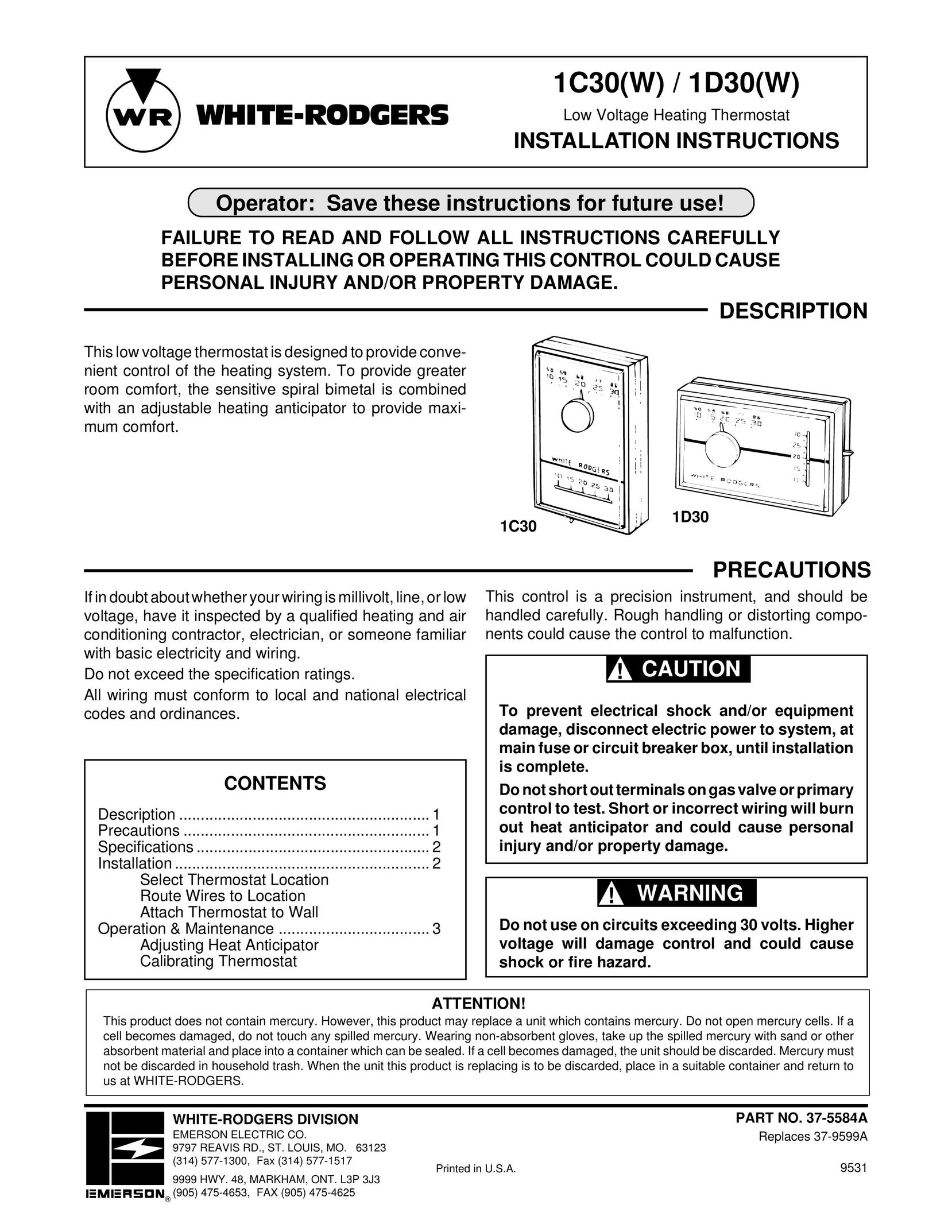 White Rodgers 1C30(W) Thermostat User Manual