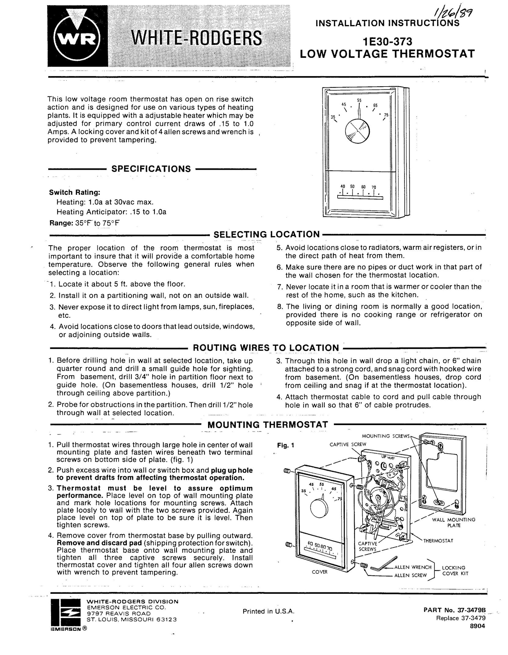 White Rodgers 1E30-373 Thermostat User Manual