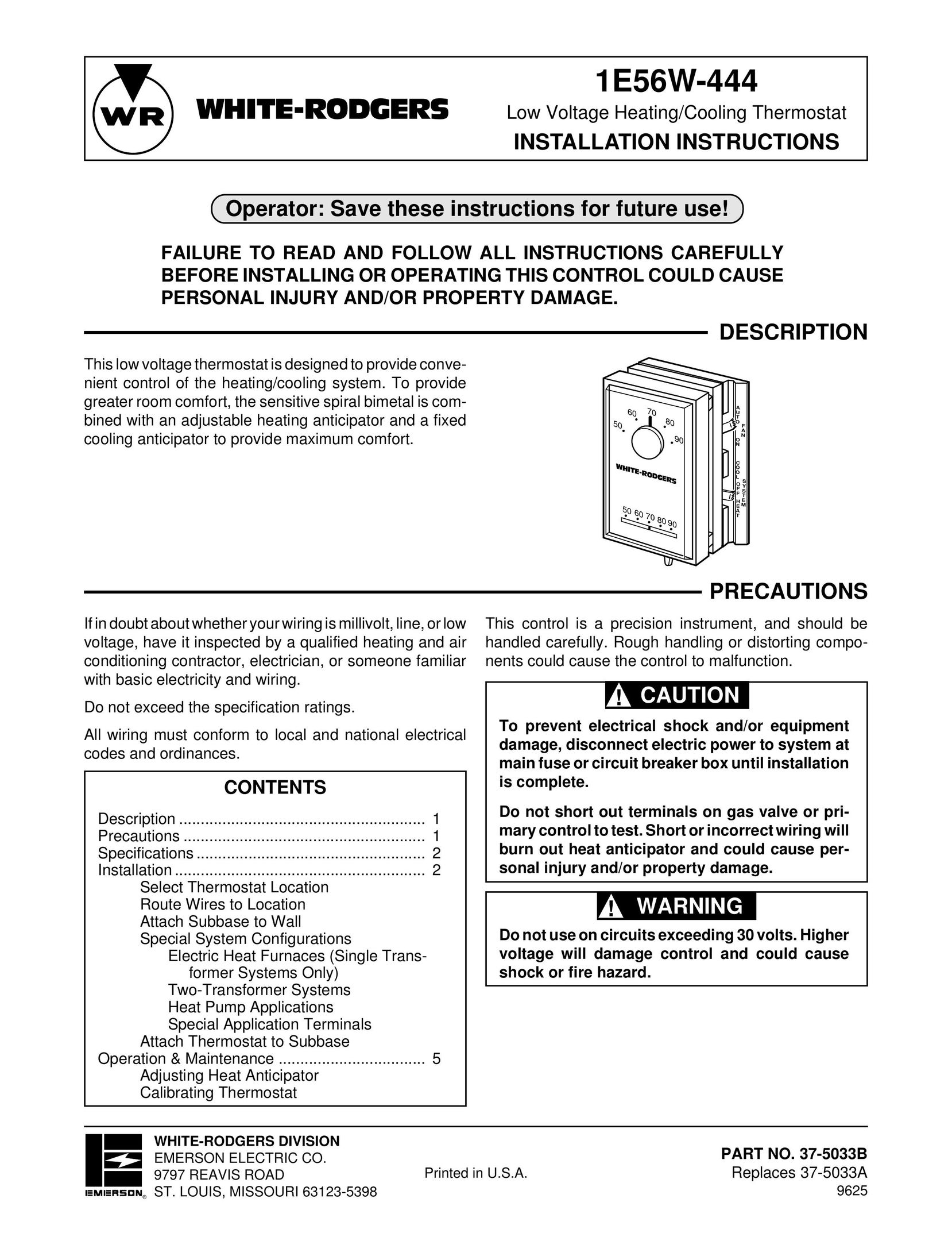 White Rodgers 1E56W-444 Thermostat User Manual