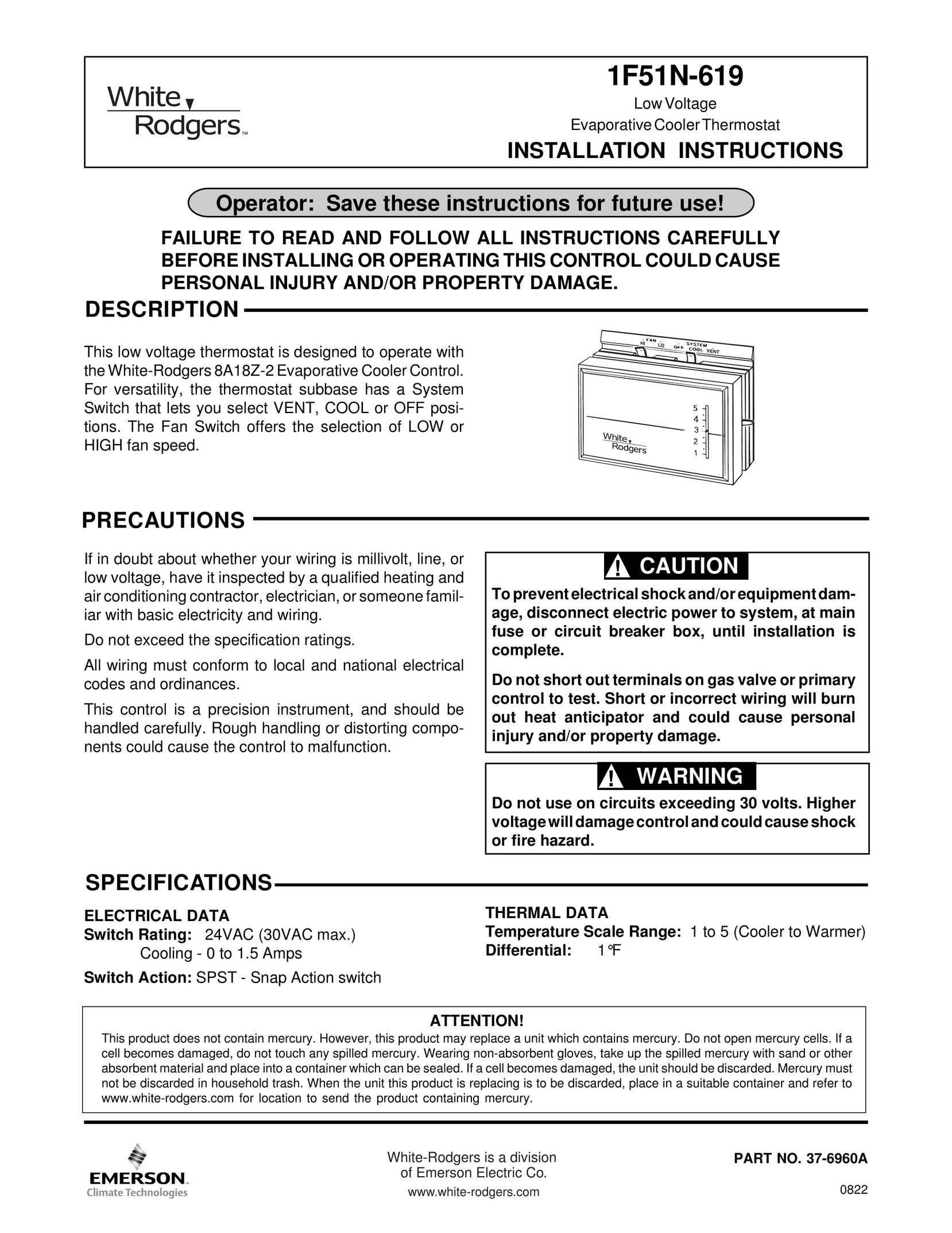 White Rodgers 1F51N-619 Thermostat User Manual