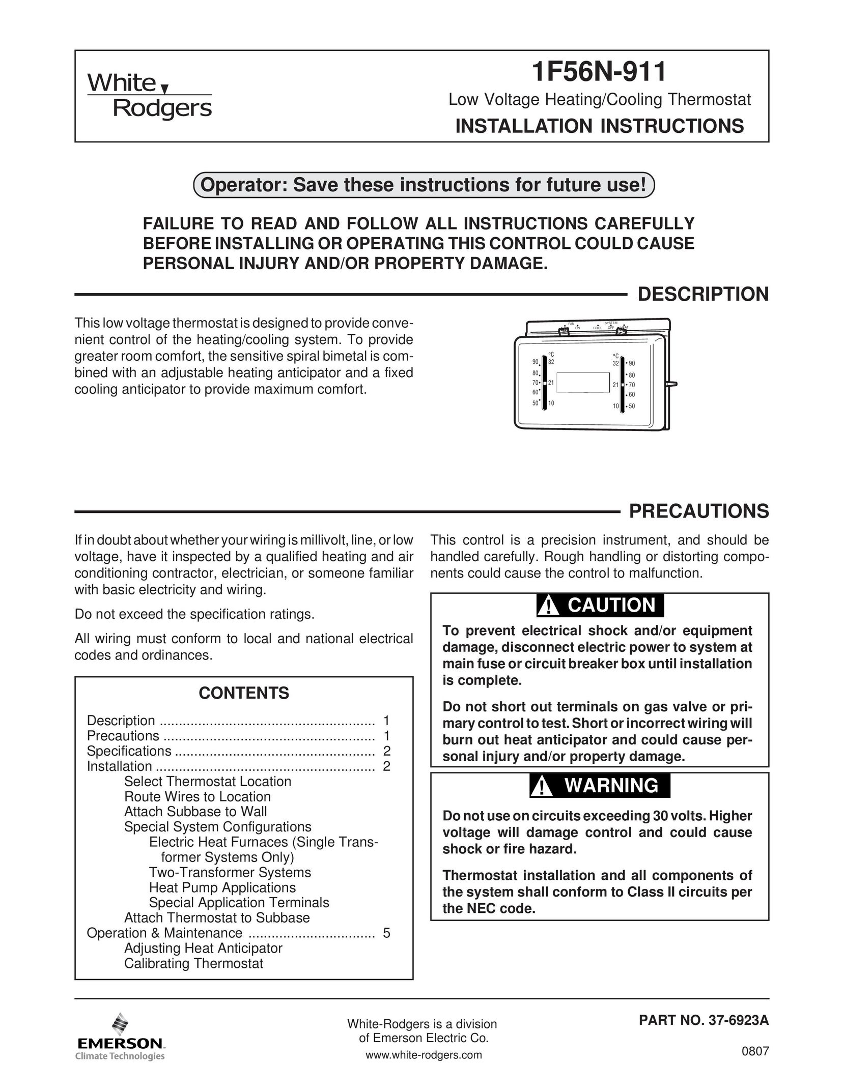 White Rodgers 1F56N-911 Thermostat User Manual