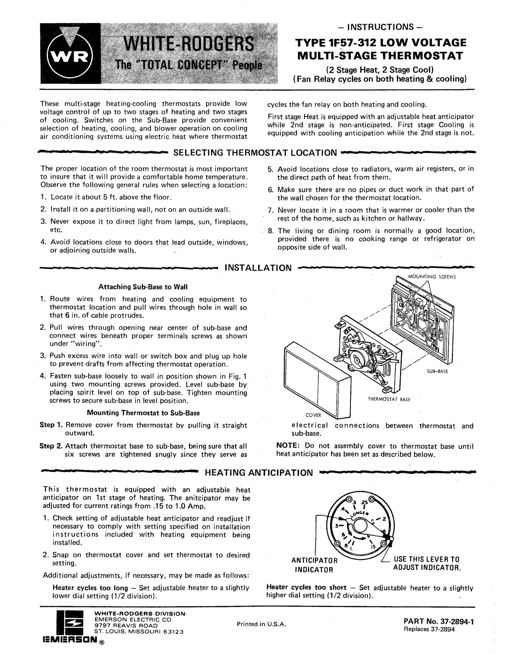 White Rodgers 1F57-312 Thermostat User Manual