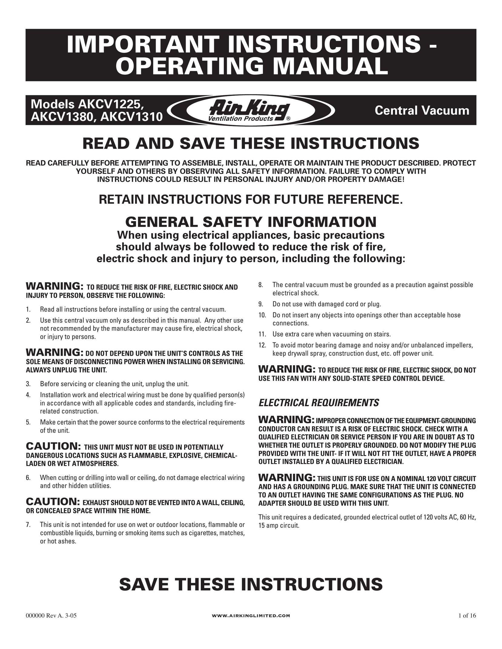 Air King AKCV1225, AKCV1380, AKCV1310 Vacuum Cleaner User Manual